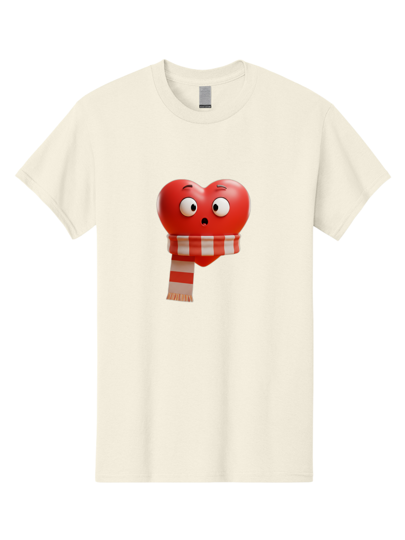Heart-With-Scarf-3 Men'S Graphic Tee, 100% Cotton, Comfortable Casual Summer Wear, Machine Washable, Cartoon Heart, Red Heart, Surprised Face, Scarf Wrapped, Striped Scarf, 3D Character, Funny Expression, Cute Design, Winter Accessory, Bae044