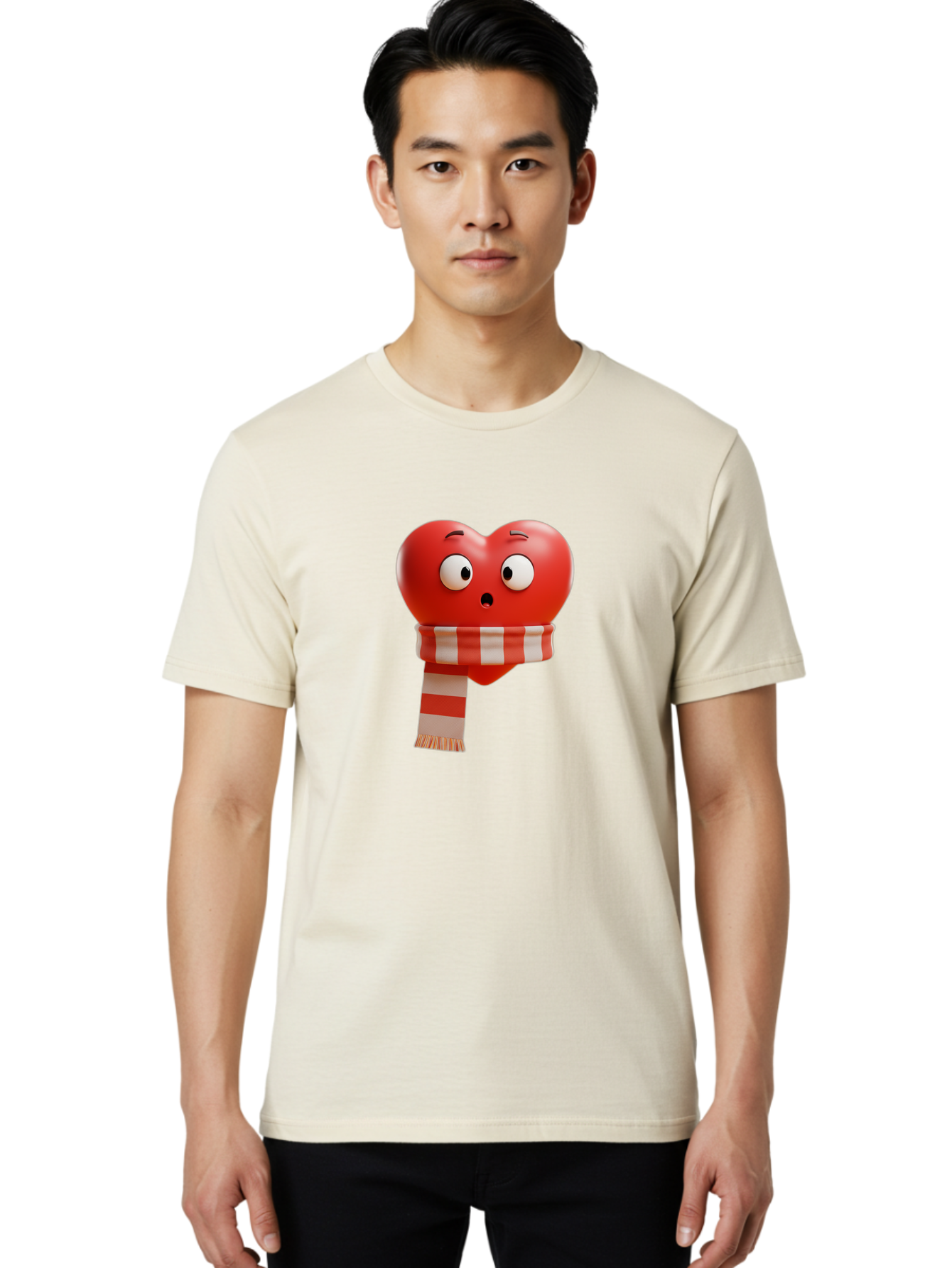 Heart-With-Scarf-3 Men'S Graphic Tee, 100% Cotton, Comfortable Casual Summer Wear, Machine Washable, Cartoon Heart, Red Heart, Surprised Face, Scarf Wrapped, Striped Scarf, 3D Character, Funny Expression, Cute Design, Winter Accessory, Bae044