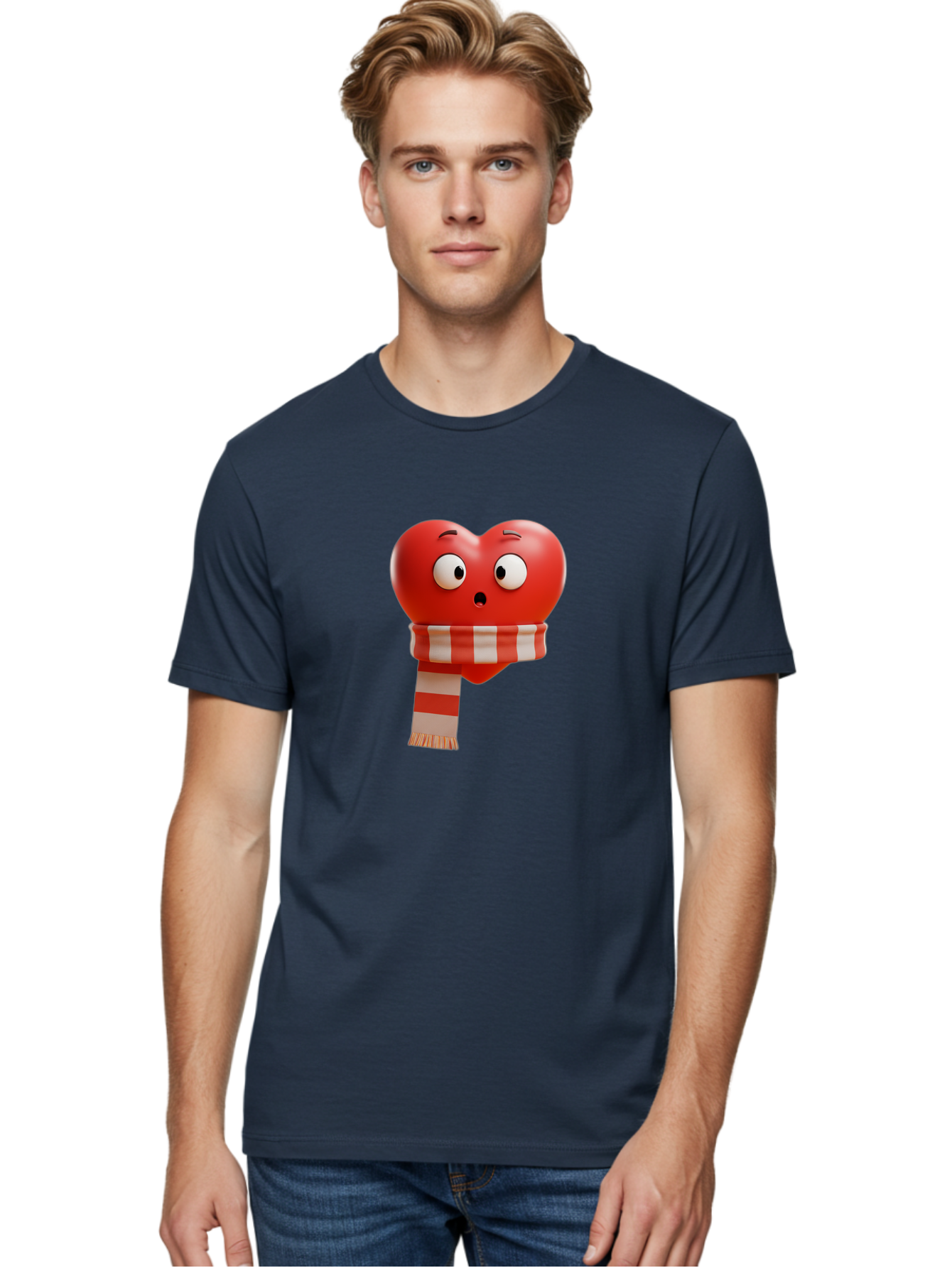 Heart-With-Scarf-3 Men'S Graphic Tee, 100% Cotton, Comfortable Casual Summer Wear, Machine Washable, Cartoon Heart, Red Heart, Surprised Face, Scarf Wrapped, Striped Scarf, 3D Character, Funny Expression, Cute Design, Winter Accessory, Bae044