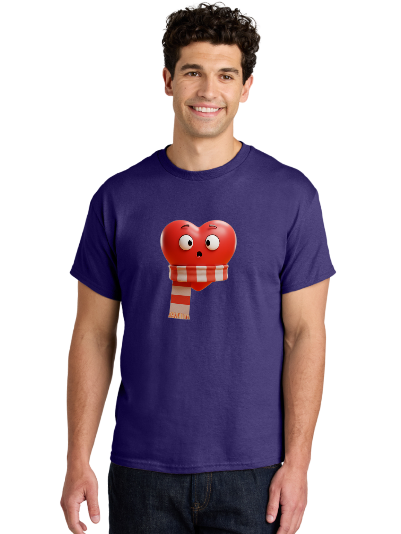 Heart-With-Scarf-3 Men'S Graphic Tee, 100% Cotton, Comfortable Casual Summer Wear, Machine Washable, Cartoon Heart, Red Heart, Surprised Face, Scarf Wrapped, Striped Scarf, 3D Character, Funny Expression, Cute Design, Winter Accessory, Bae044