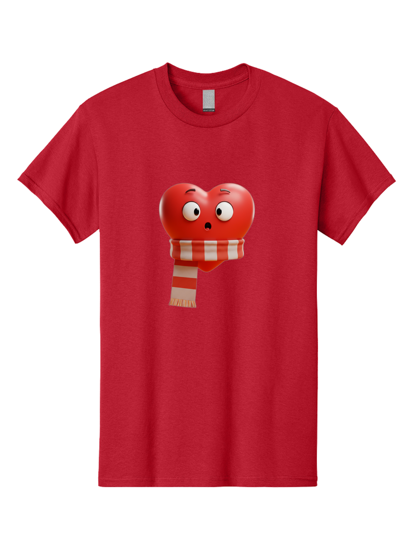 Heart-With-Scarf-3 Men'S Graphic Tee, 100% Cotton, Comfortable Casual Summer Wear, Machine Washable, Cartoon Heart, Red Heart, Surprised Face, Scarf Wrapped, Striped Scarf, 3D Character, Funny Expression, Cute Design, Winter Accessory, Bae044