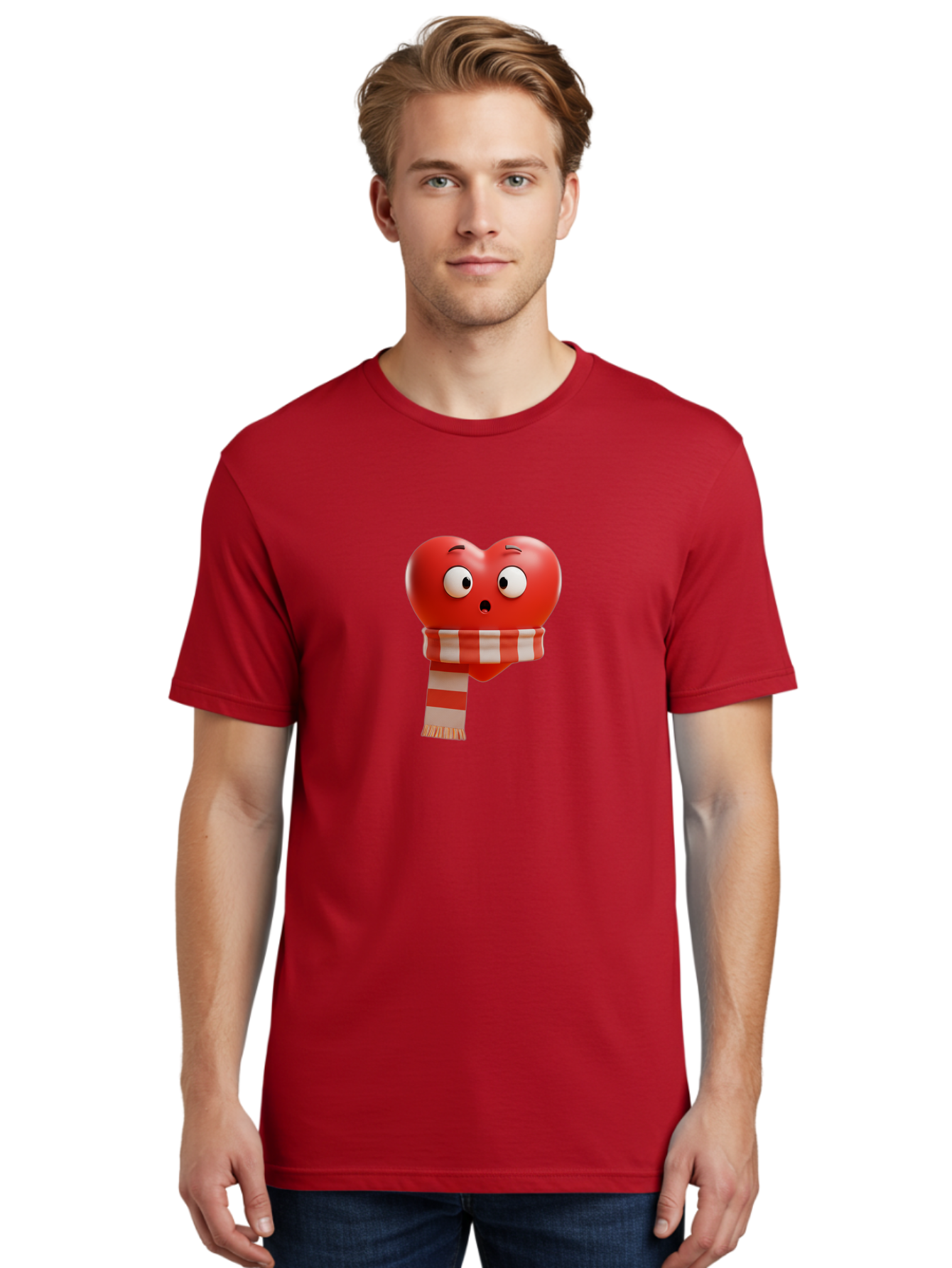 Heart-With-Scarf-3 Men'S Graphic Tee, 100% Cotton, Comfortable Casual Summer Wear, Machine Washable, Cartoon Heart, Red Heart, Surprised Face, Scarf Wrapped, Striped Scarf, 3D Character, Funny Expression, Cute Design, Winter Accessory, Bae044