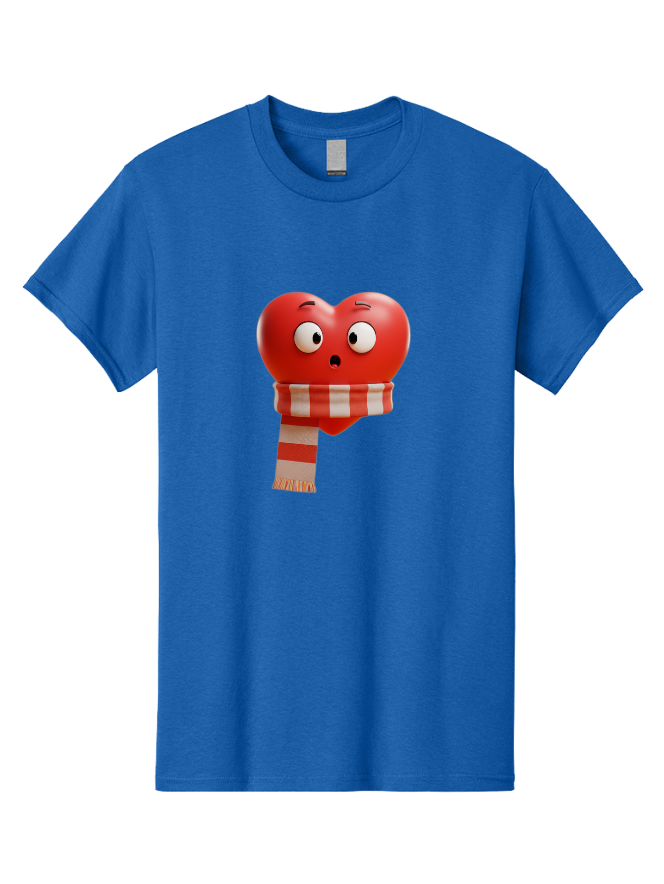 Heart-With-Scarf-3 Men'S Graphic Tee, 100% Cotton, Comfortable Casual Summer Wear, Machine Washable, Cartoon Heart, Red Heart, Surprised Face, Scarf Wrapped, Striped Scarf, 3D Character, Funny Expression, Cute Design, Winter Accessory, Bae044