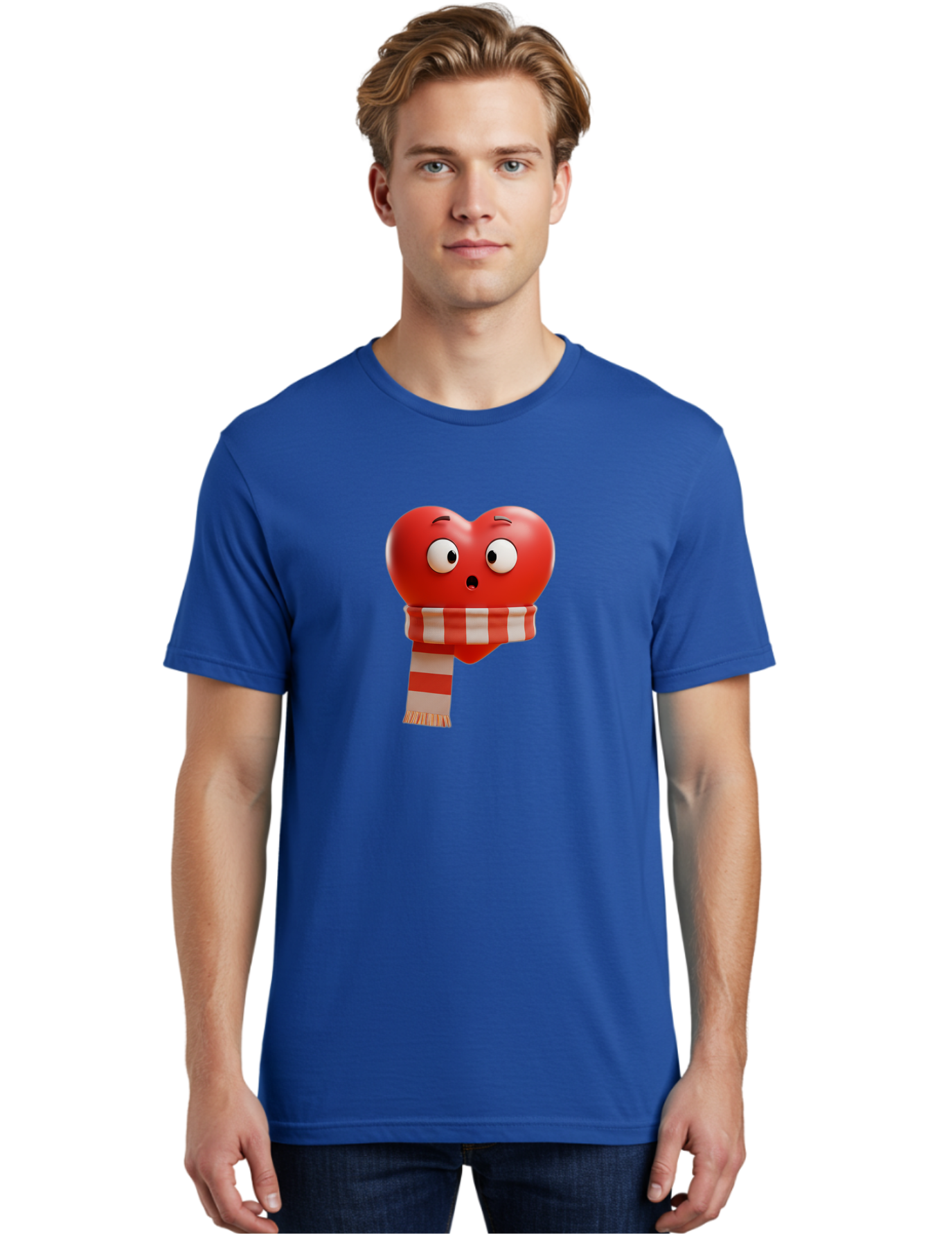 Heart-With-Scarf-3 Men'S Graphic Tee, 100% Cotton, Comfortable Casual Summer Wear, Machine Washable, Cartoon Heart, Red Heart, Surprised Face, Scarf Wrapped, Striped Scarf, 3D Character, Funny Expression, Cute Design, Winter Accessory, Bae044