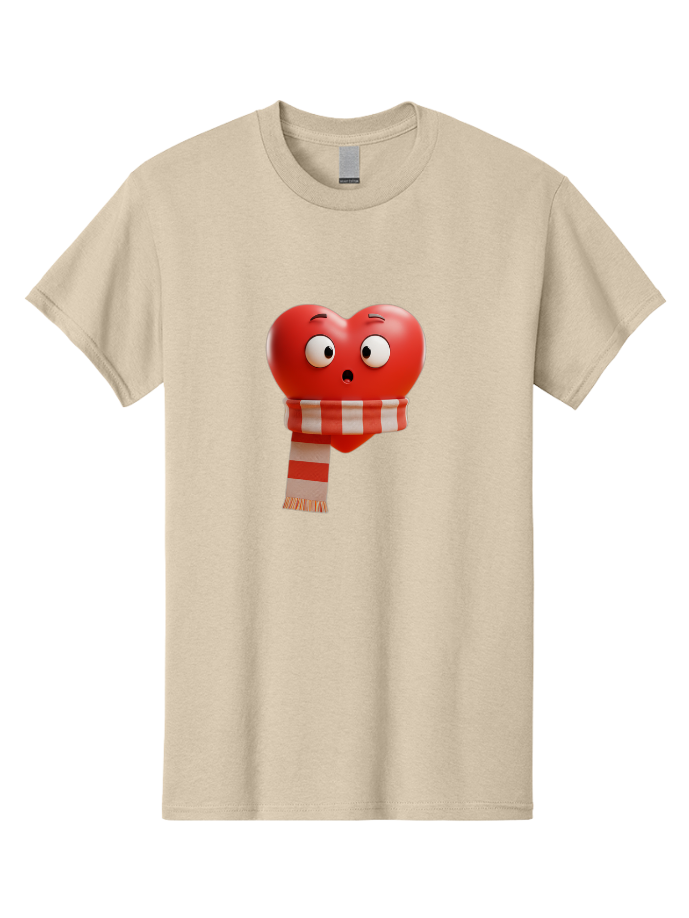 Heart-With-Scarf-3 Men'S Graphic Tee, 100% Cotton, Comfortable Casual Summer Wear, Machine Washable, Cartoon Heart, Red Heart, Surprised Face, Scarf Wrapped, Striped Scarf, 3D Character, Funny Expression, Cute Design, Winter Accessory, Bae044