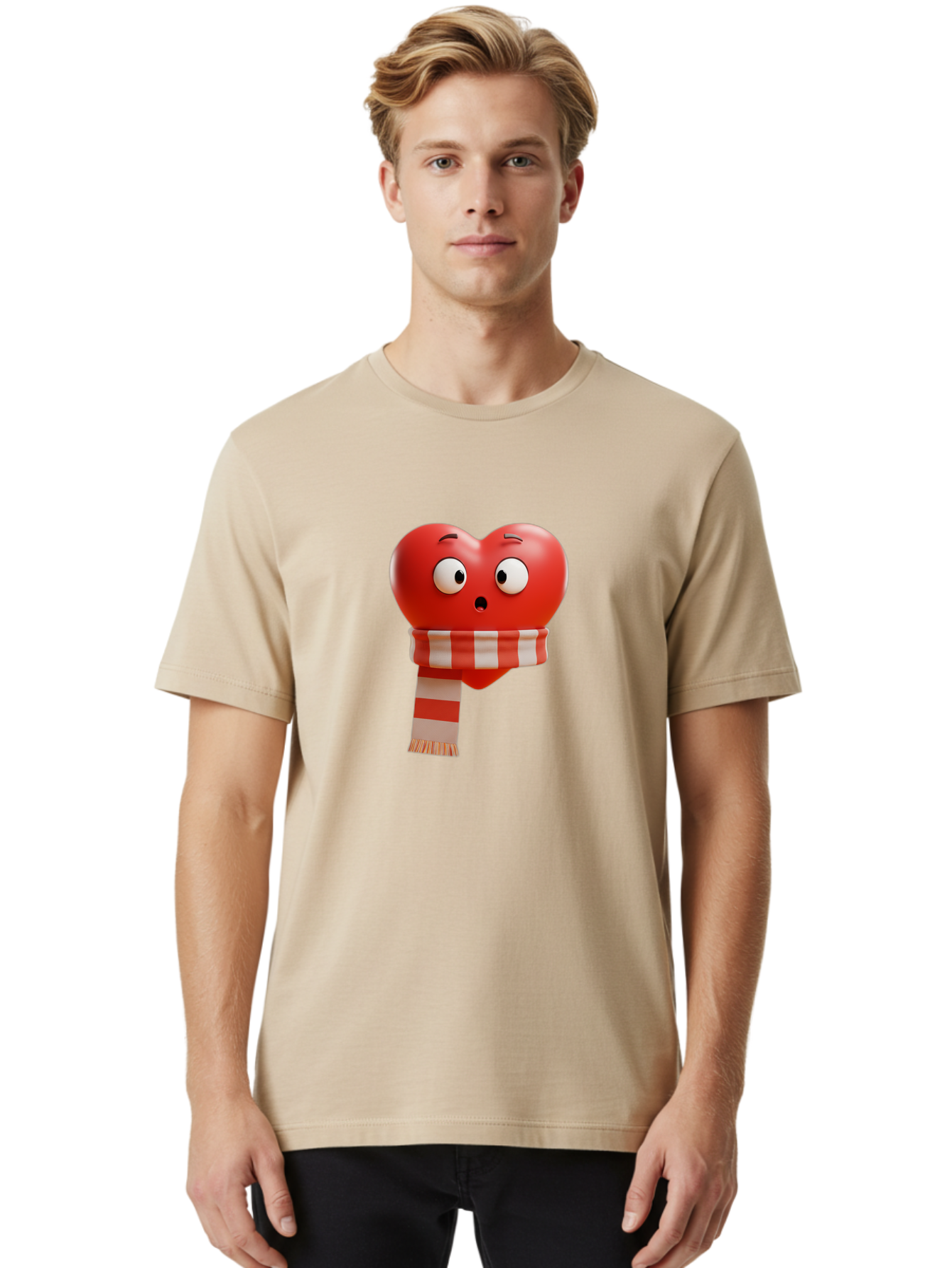 Heart-With-Scarf-3 Men'S Graphic Tee, 100% Cotton, Comfortable Casual Summer Wear, Machine Washable, Cartoon Heart, Red Heart, Surprised Face, Scarf Wrapped, Striped Scarf, 3D Character, Funny Expression, Cute Design, Winter Accessory, Bae044
