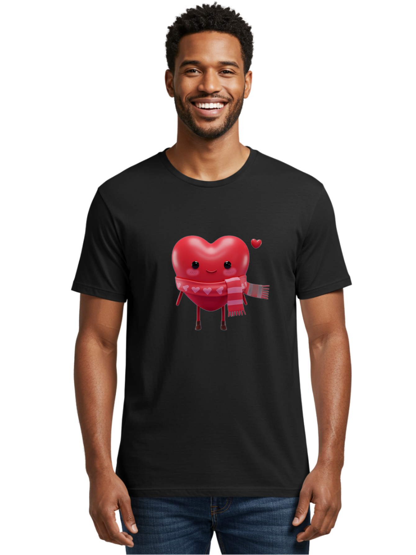 Heart-With-Scarf-4 Men'S Graphic Tee, 100% Cotton, Comfortable Casual Summer Wear, Machine Washable, Cartoon Heart, Heart Character, Smiling Face, Pink Scarf, Love Symbol, Valentines Day, Heart Pattern, Cute Design, Adorable Illustration, Bae045