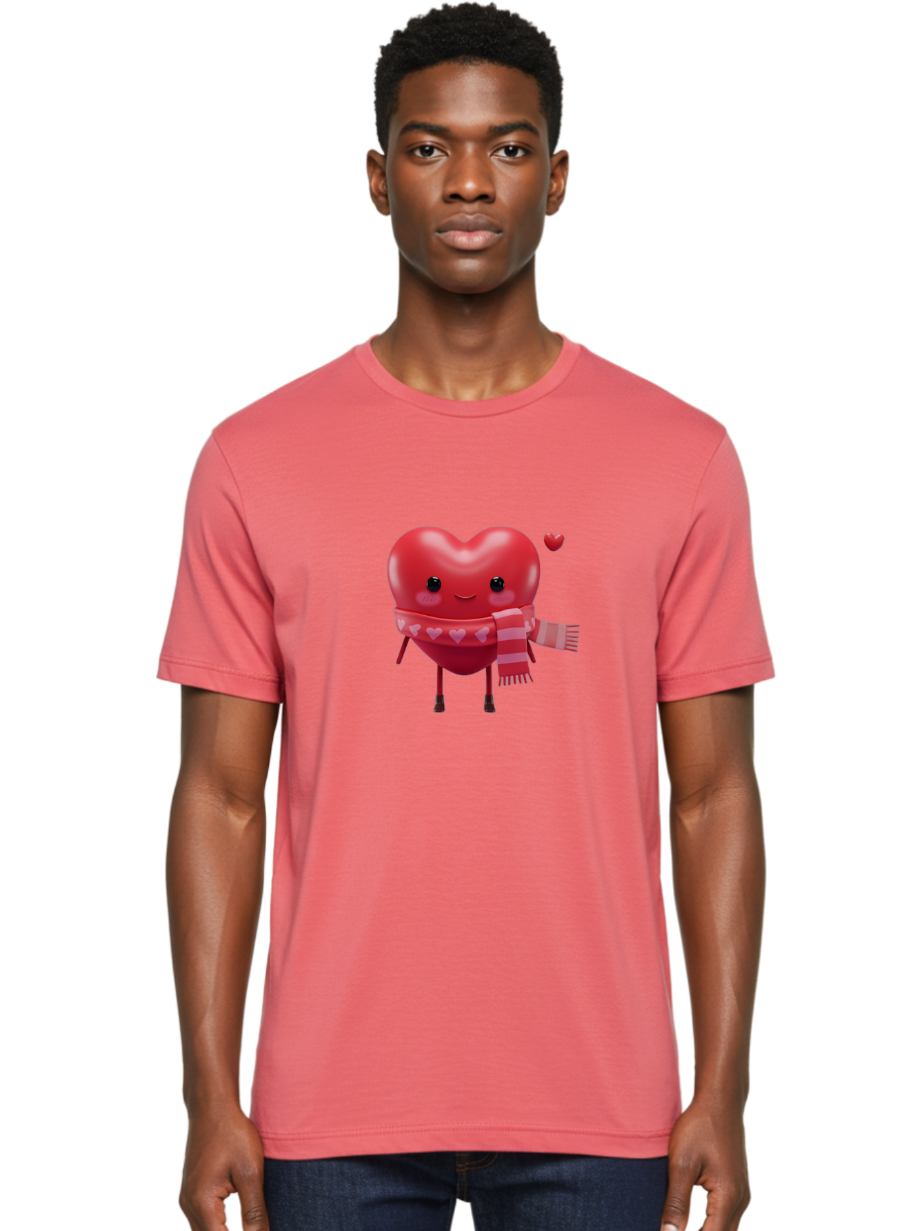 Heart-With-Scarf-4 Men'S Graphic Tee, 100% Cotton, Comfortable Casual Summer Wear, Machine Washable, Cartoon Heart, Heart Character, Smiling Face, Pink Scarf, Love Symbol, Valentines Day, Heart Pattern, Cute Design, Adorable Illustration, Bae045