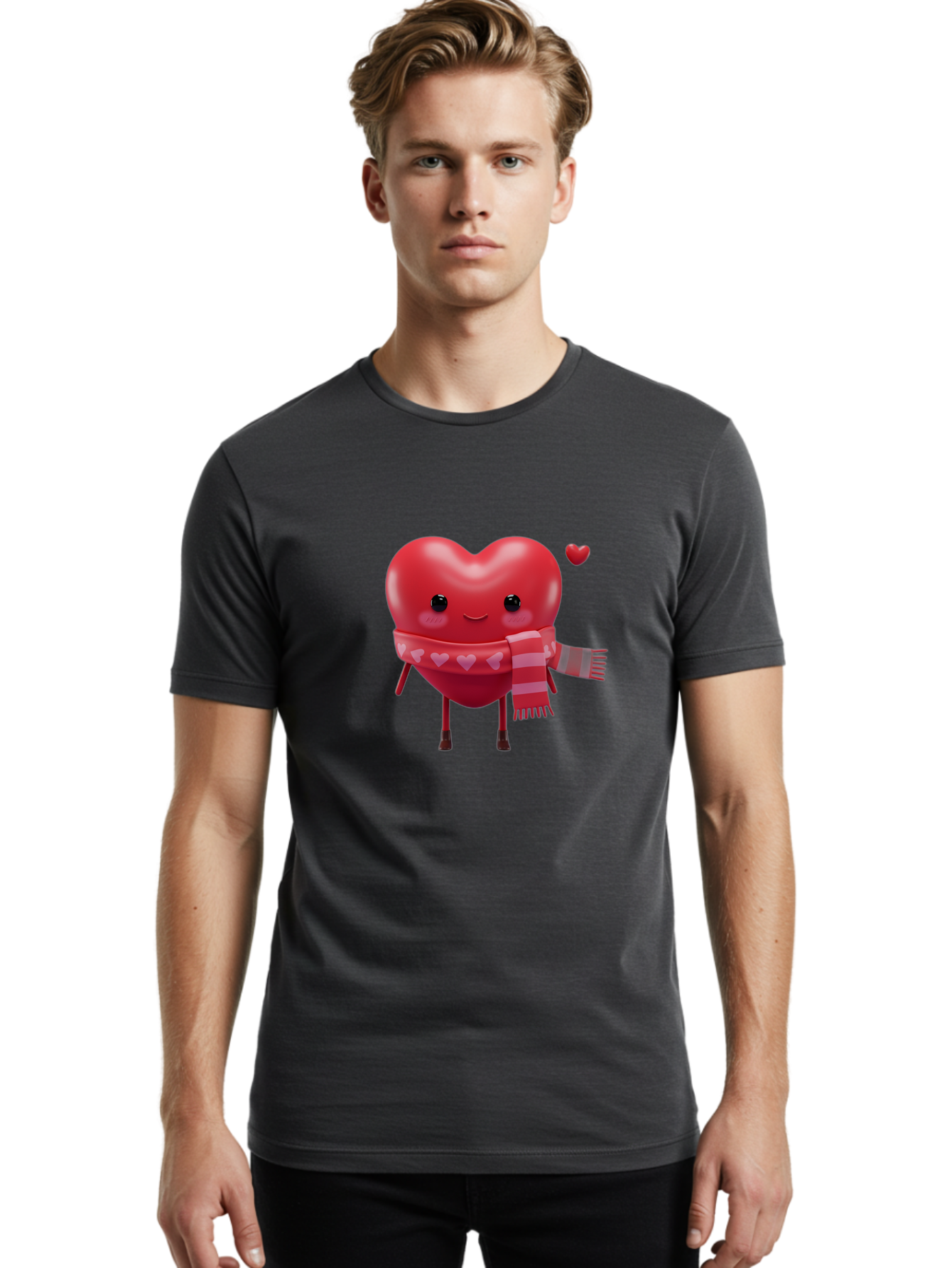 Heart-With-Scarf-4 Men'S Graphic Tee, 100% Cotton, Comfortable Casual Summer Wear, Machine Washable, Cartoon Heart, Heart Character, Smiling Face, Pink Scarf, Love Symbol, Valentines Day, Heart Pattern, Cute Design, Adorable Illustration, Bae045
