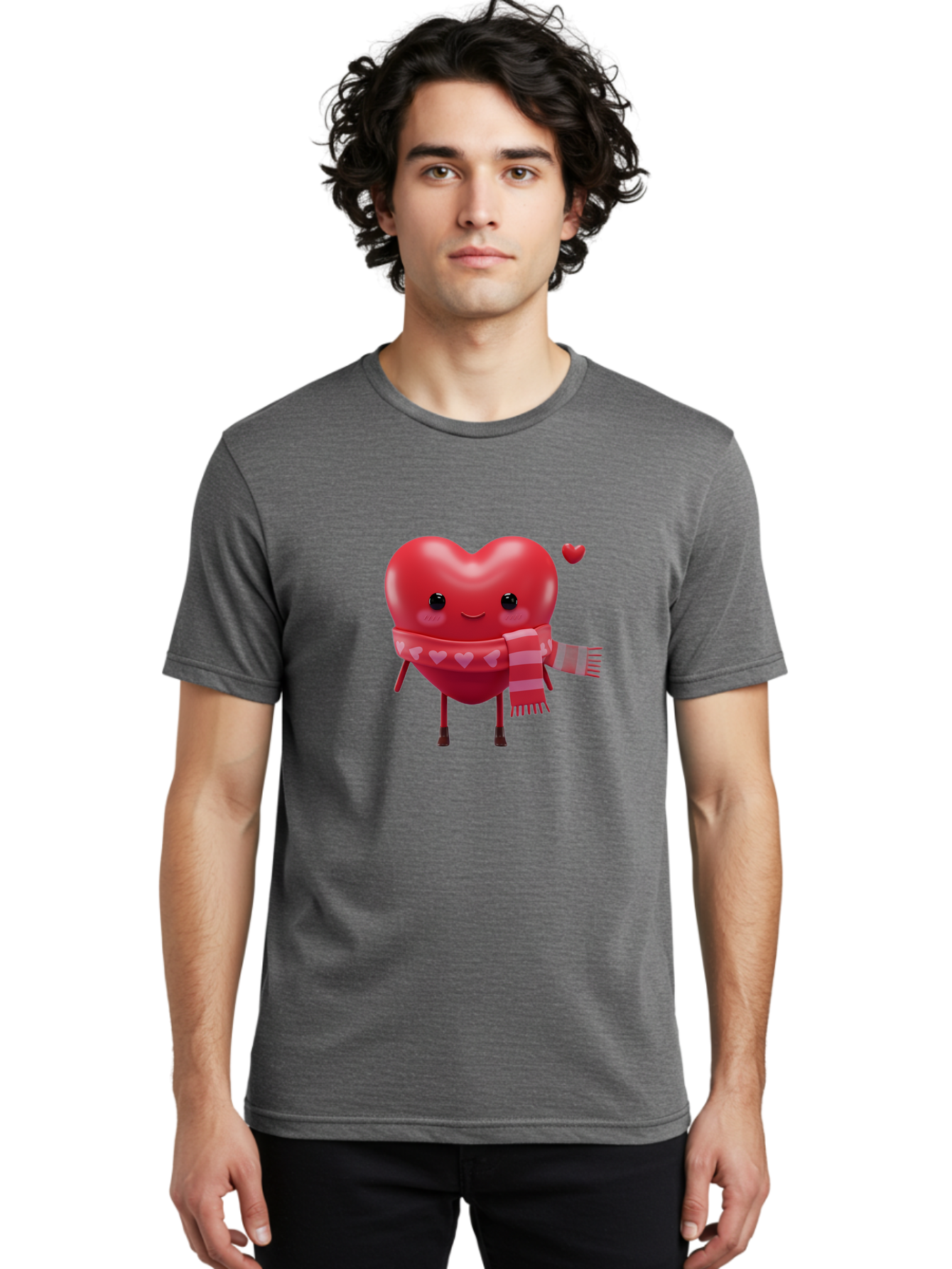 Heart-With-Scarf-4 Men'S Graphic Tee, 100% Cotton, Comfortable Casual Summer Wear, Machine Washable, Cartoon Heart, Heart Character, Smiling Face, Pink Scarf, Love Symbol, Valentines Day, Heart Pattern, Cute Design, Adorable Illustration, Bae045