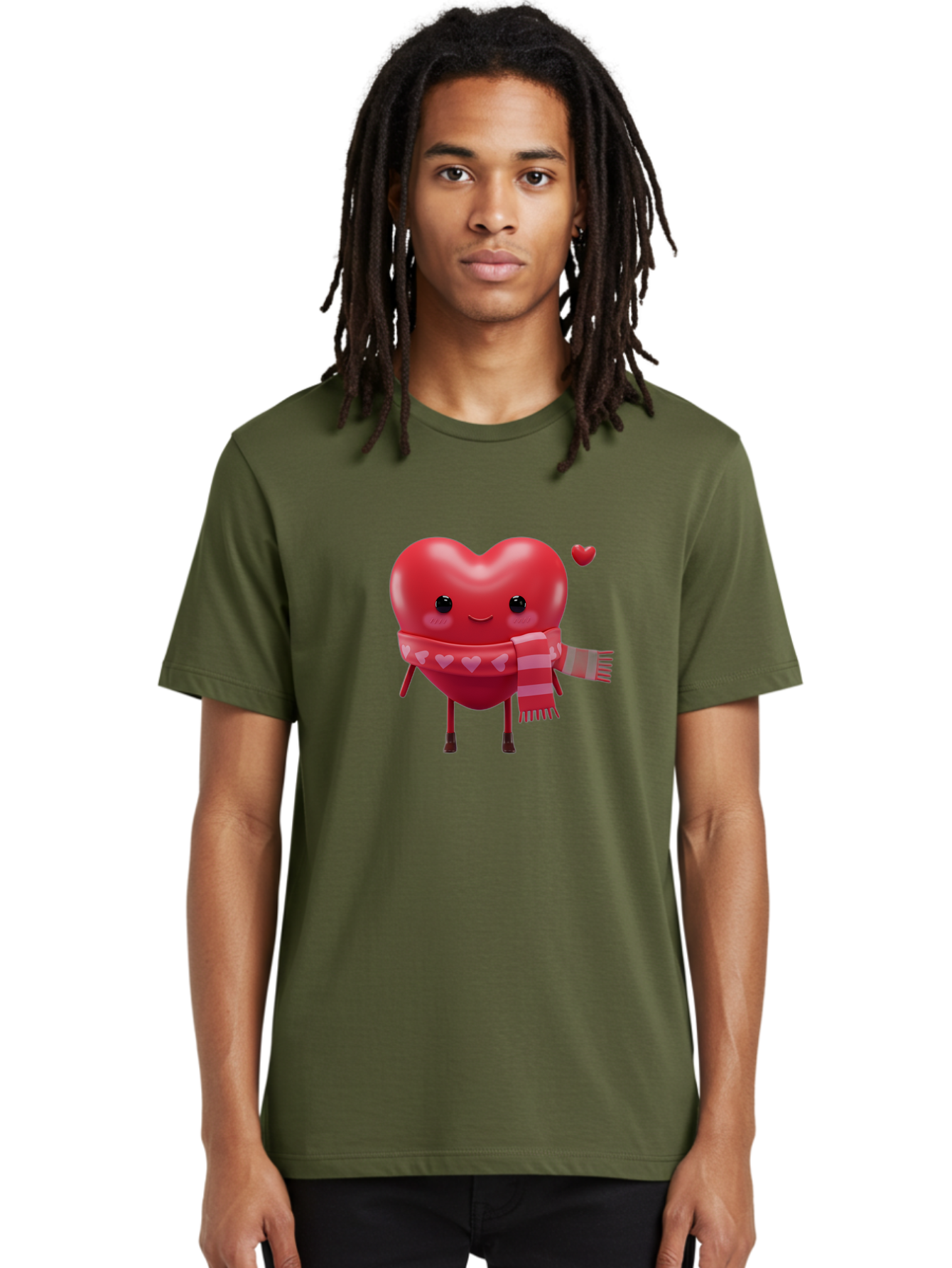 Heart-With-Scarf-4 Men'S Graphic Tee, 100% Cotton, Comfortable Casual Summer Wear, Machine Washable, Cartoon Heart, Heart Character, Smiling Face, Pink Scarf, Love Symbol, Valentines Day, Heart Pattern, Cute Design, Adorable Illustration, Bae045