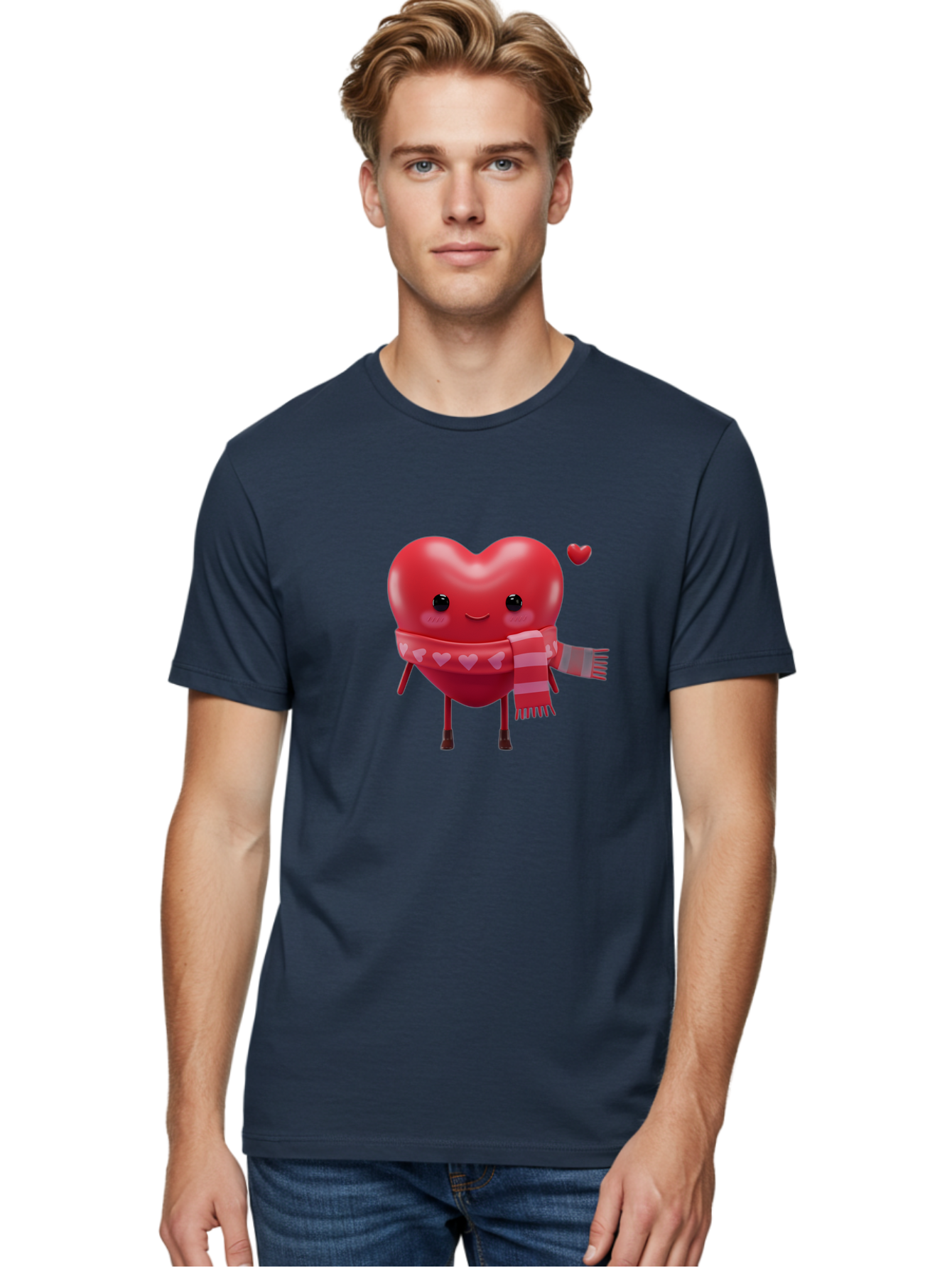 Heart-With-Scarf-4 Men'S Graphic Tee, 100% Cotton, Comfortable Casual Summer Wear, Machine Washable, Cartoon Heart, Heart Character, Smiling Face, Pink Scarf, Love Symbol, Valentines Day, Heart Pattern, Cute Design, Adorable Illustration, Bae045