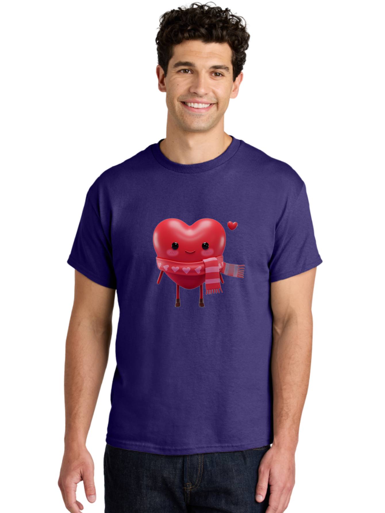 Heart-With-Scarf-4 Men'S Graphic Tee, 100% Cotton, Comfortable Casual Summer Wear, Machine Washable, Cartoon Heart, Heart Character, Smiling Face, Pink Scarf, Love Symbol, Valentines Day, Heart Pattern, Cute Design, Adorable Illustration, Bae045