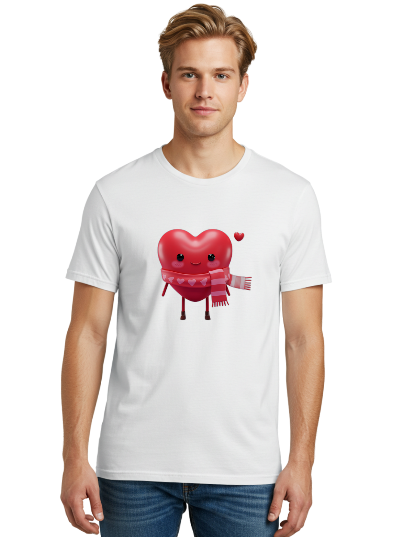 Heart-With-Scarf-4 Men'S Graphic Tee, 100% Cotton, Comfortable Casual Summer Wear, Machine Washable, Cartoon Heart, Heart Character, Smiling Face, Pink Scarf, Love Symbol, Valentines Day, Heart Pattern, Cute Design, Adorable Illustration, Bae045