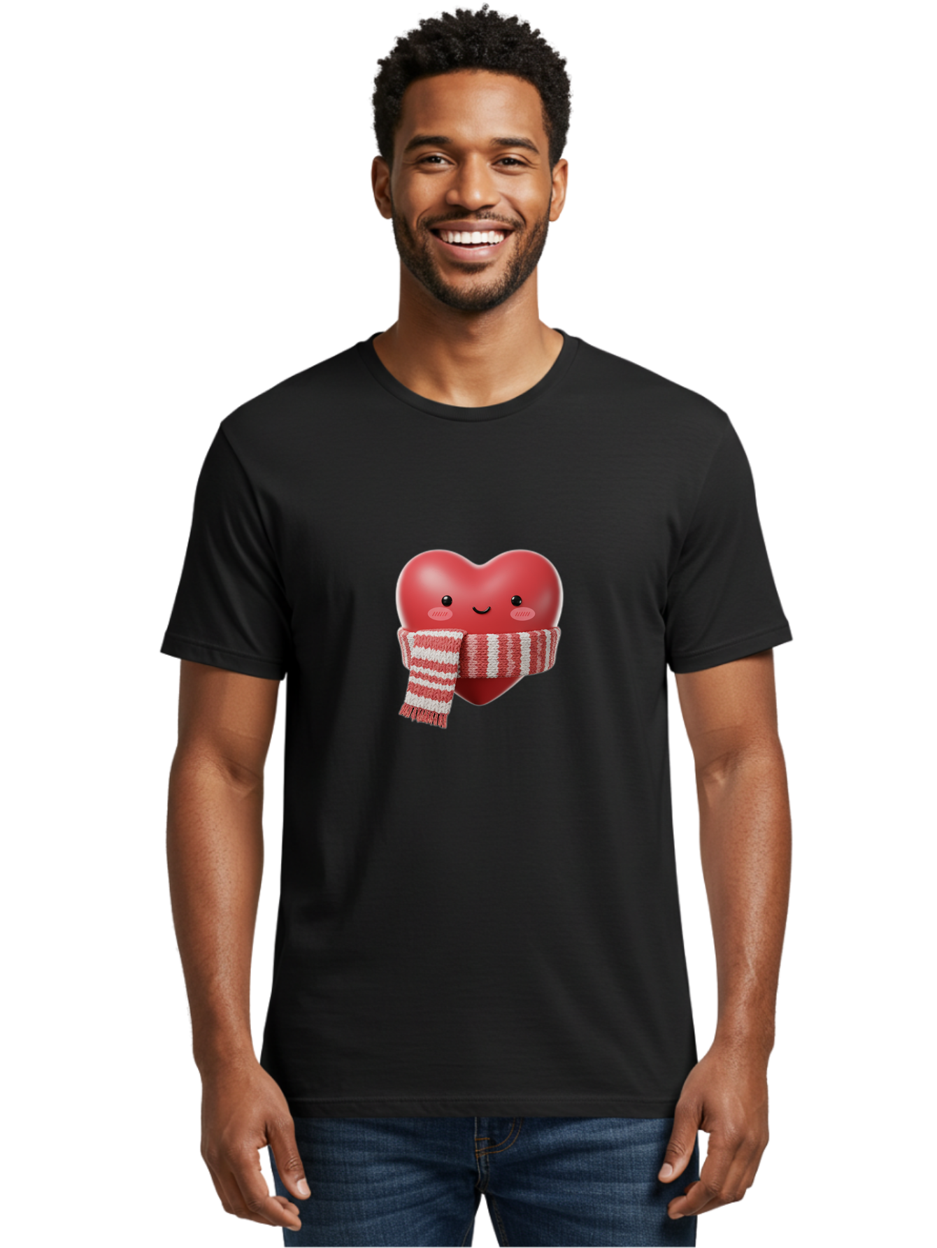 Heart-With-Scarf Men'S Graphic Tee, 100% Cotton, Comfortable Casual Summer Wear, Machine Washable, Heart Character, Red Heart, Scarf Wrapped, Cute Expression, Smiling Face, Rosy Cheeks, Winter Theme, Cartoon Style, Kawaii Design, Love Symbol, Bae046