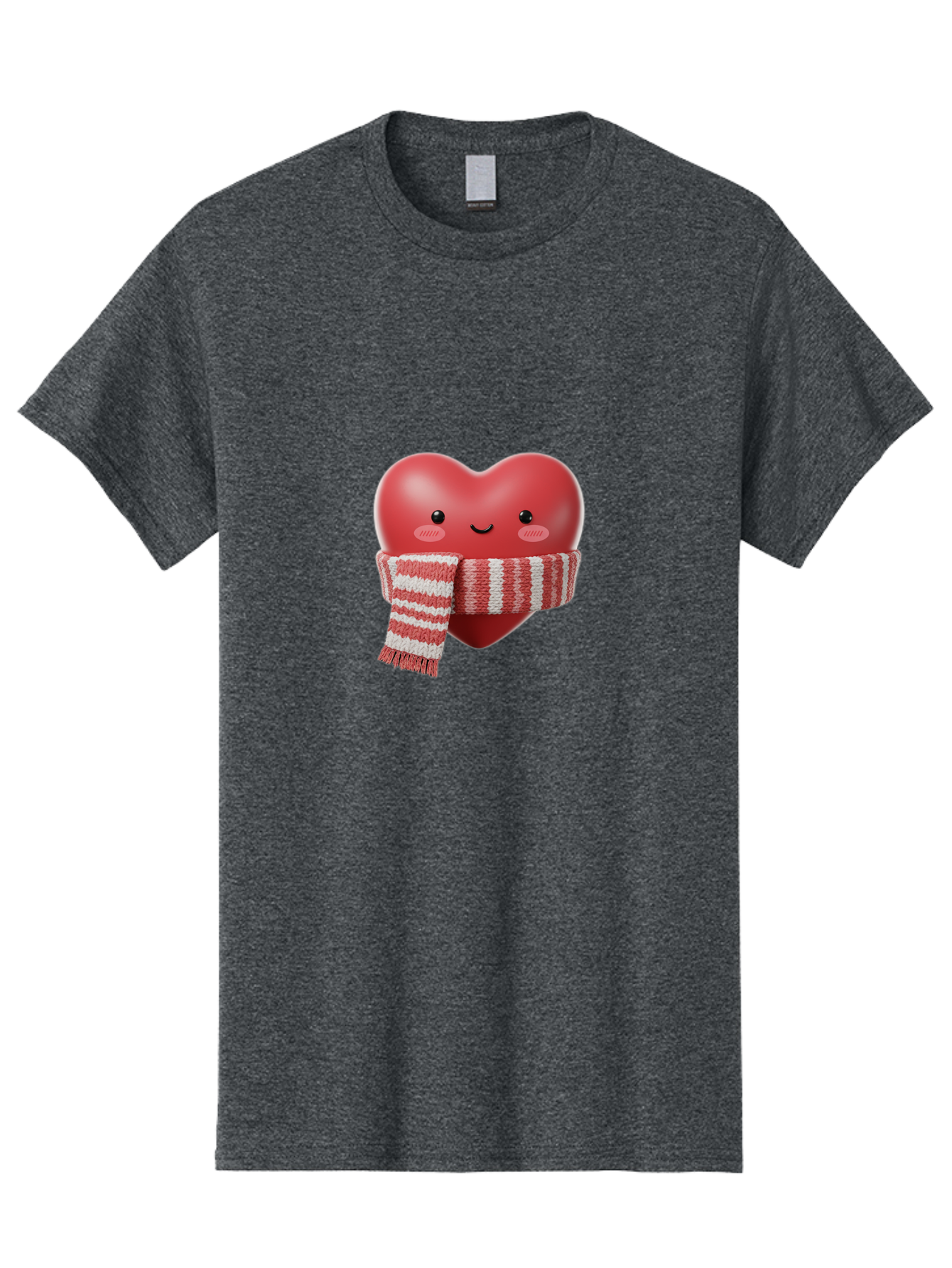 Heart-With-Scarf Men'S Graphic Tee, 100% Cotton, Comfortable Casual Summer Wear, Machine Washable, Heart Character, Red Heart, Scarf Wrapped, Cute Expression, Smiling Face, Rosy Cheeks, Winter Theme, Cartoon Style, Kawaii Design, Love Symbol, Bae046