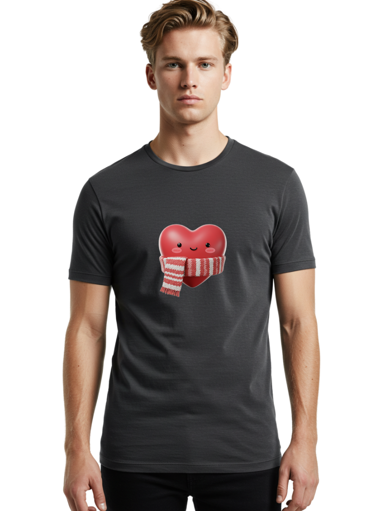Heart-With-Scarf Men'S Graphic Tee, 100% Cotton, Comfortable Casual Summer Wear, Machine Washable, Heart Character, Red Heart, Scarf Wrapped, Cute Expression, Smiling Face, Rosy Cheeks, Winter Theme, Cartoon Style, Kawaii Design, Love Symbol, Bae046