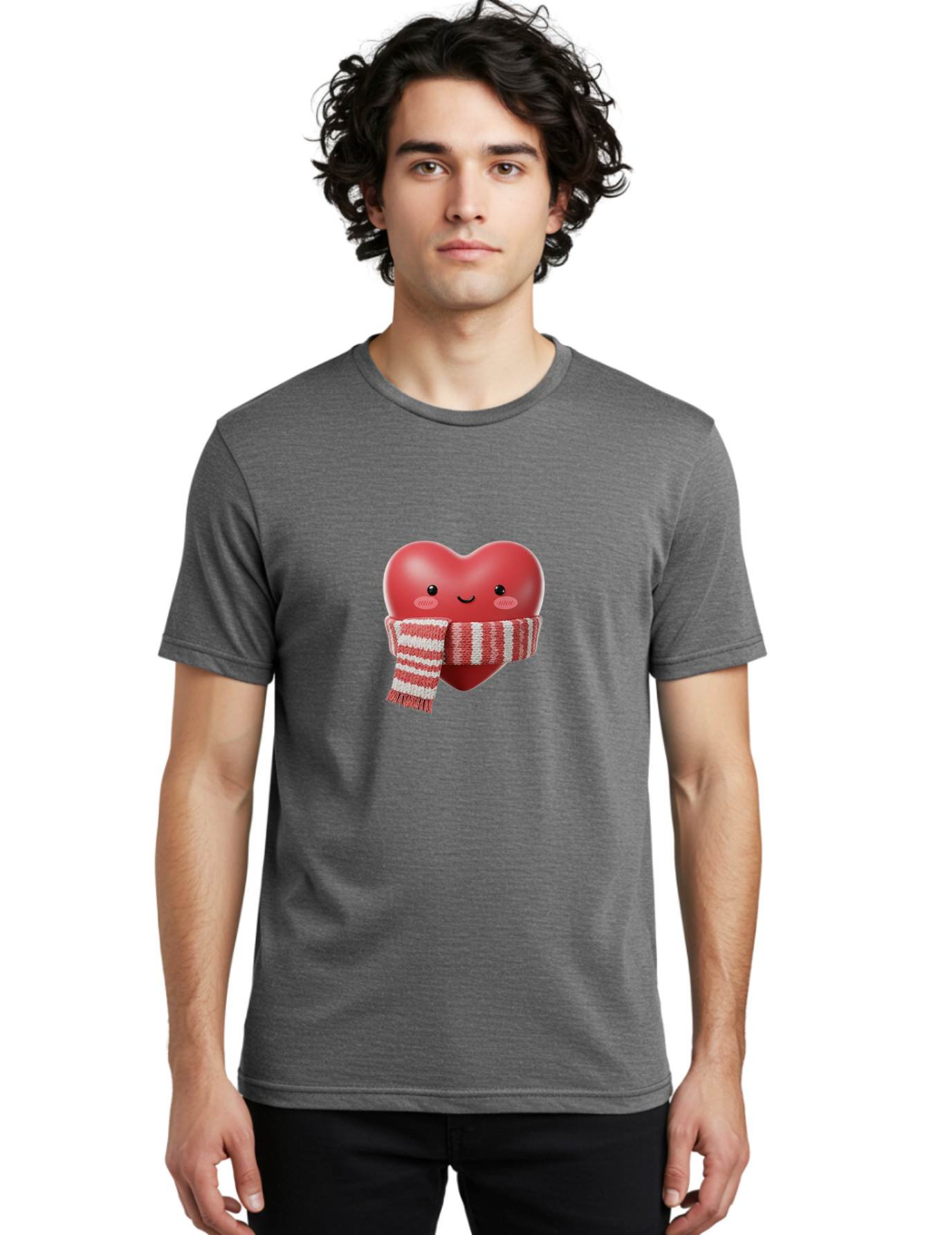 Heart-With-Scarf Men'S Graphic Tee, 100% Cotton, Comfortable Casual Summer Wear, Machine Washable, Heart Character, Red Heart, Scarf Wrapped, Cute Expression, Smiling Face, Rosy Cheeks, Winter Theme, Cartoon Style, Kawaii Design, Love Symbol, Bae046