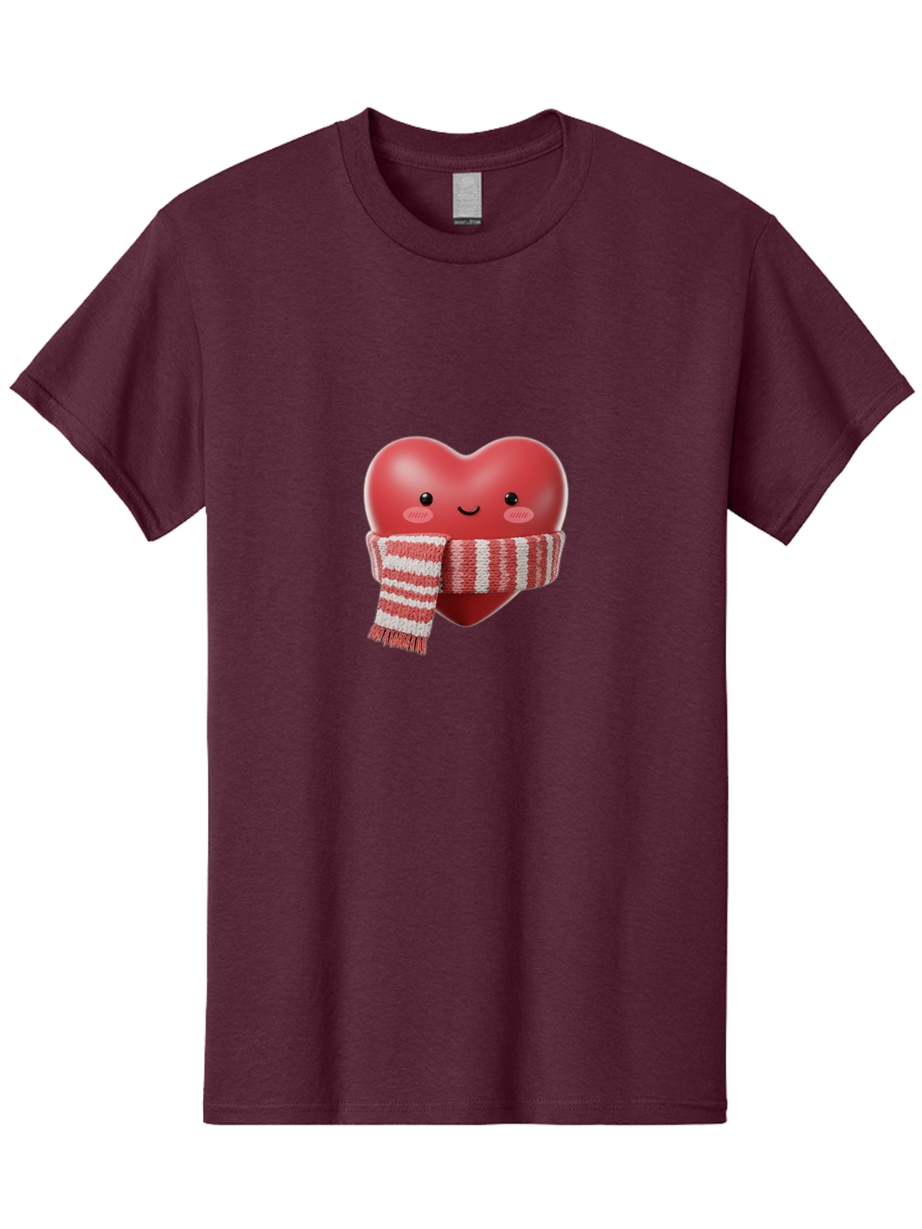 Heart-With-Scarf Men'S Graphic Tee, 100% Cotton, Comfortable Casual Summer Wear, Machine Washable, Heart Character, Red Heart, Scarf Wrapped, Cute Expression, Smiling Face, Rosy Cheeks, Winter Theme, Cartoon Style, Kawaii Design, Love Symbol, Bae046