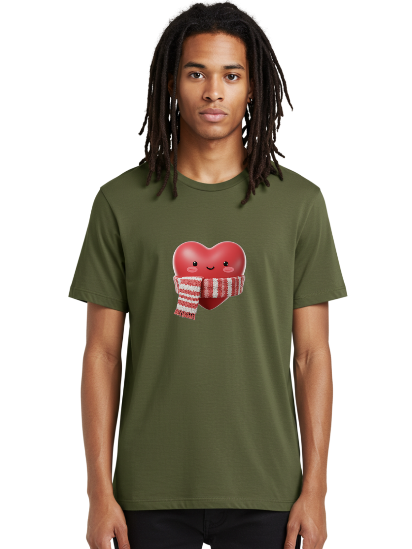 Heart-With-Scarf Men'S Graphic Tee, 100% Cotton, Comfortable Casual Summer Wear, Machine Washable, Heart Character, Red Heart, Scarf Wrapped, Cute Expression, Smiling Face, Rosy Cheeks, Winter Theme, Cartoon Style, Kawaii Design, Love Symbol, Bae046