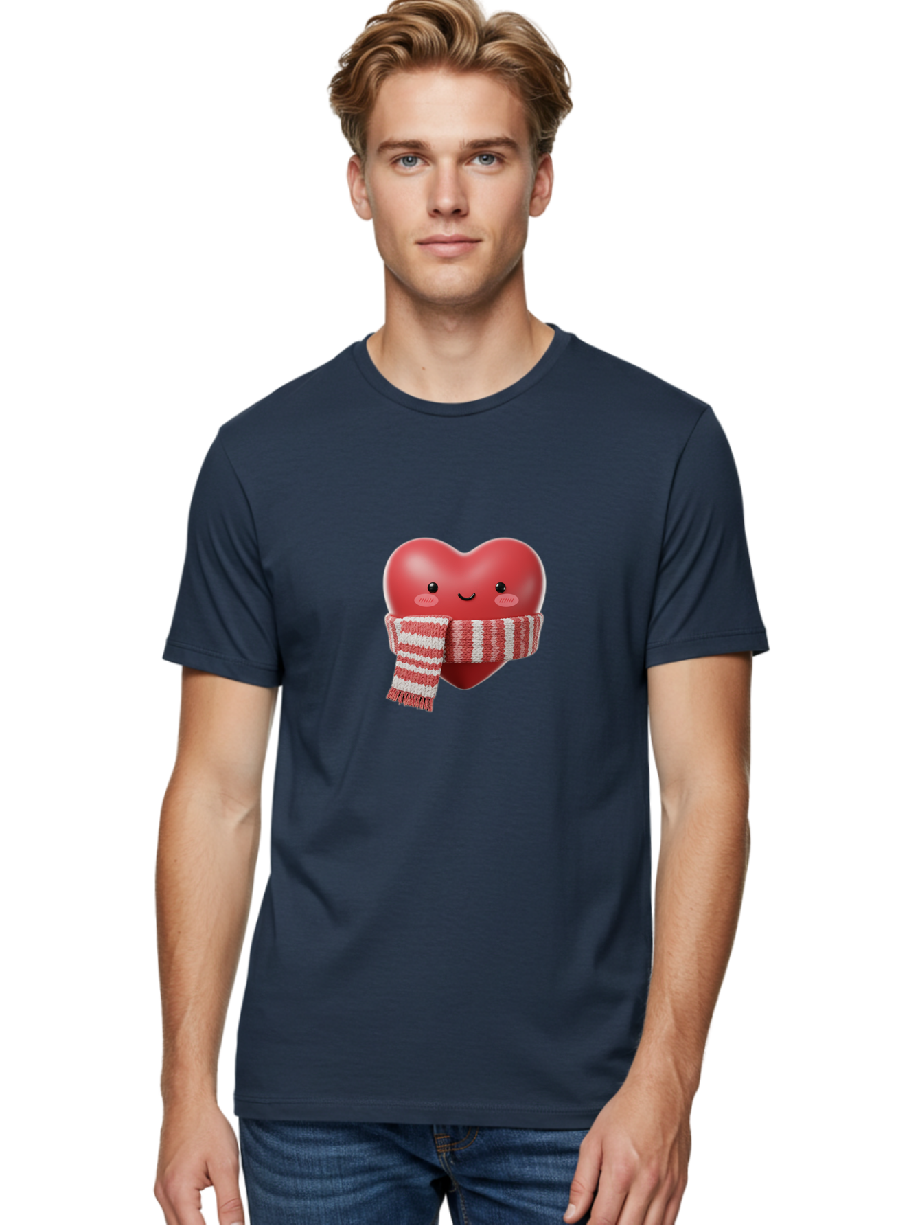 Heart-With-Scarf Men'S Graphic Tee, 100% Cotton, Comfortable Casual Summer Wear, Machine Washable, Heart Character, Red Heart, Scarf Wrapped, Cute Expression, Smiling Face, Rosy Cheeks, Winter Theme, Cartoon Style, Kawaii Design, Love Symbol, Bae046
