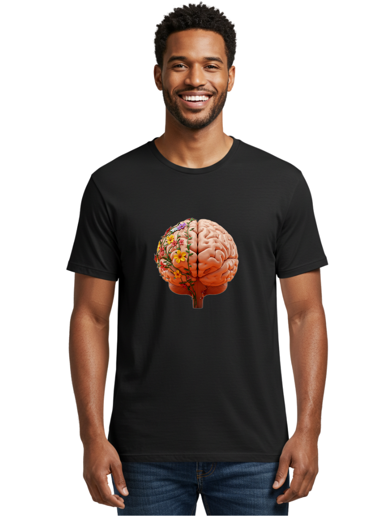 Human-Brain-With-Flowers Men'S Graphic Tee, 100% Cotton, Comfortable Casual Summer Wear, Machine Washable, Human Brain, Floral Growth, Creative Thinking, Brain Development, Mental Wellness, Colorful Blooms, Cognitive Function, Bae047