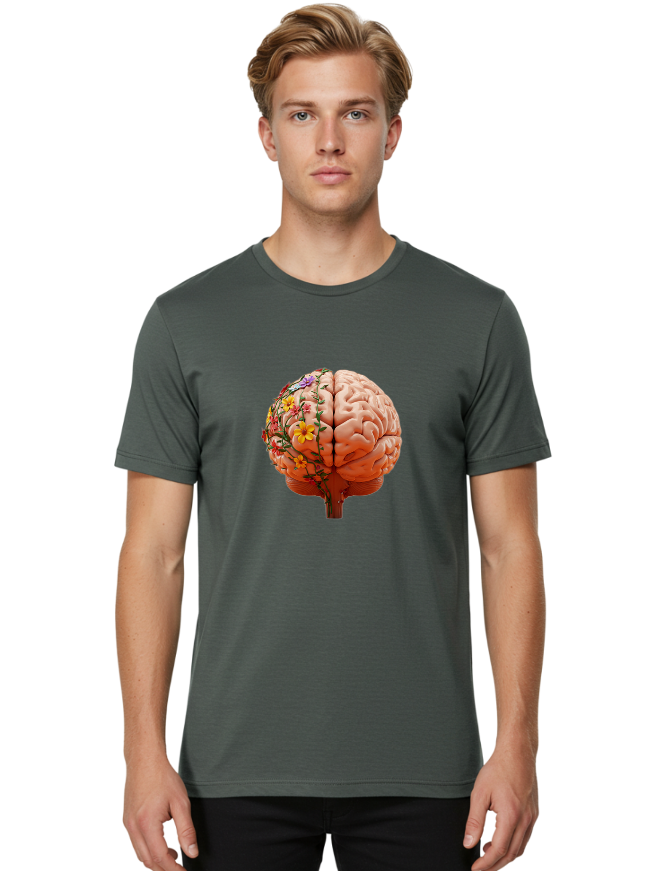 Human-Brain-With-Flowers Men'S Graphic Tee, 100% Cotton, Comfortable Casual Summer Wear, Machine Washable, Human Brain, Floral Growth, Creative Thinking, Brain Development, Mental Wellness, Colorful Blooms, Cognitive Function, Bae047