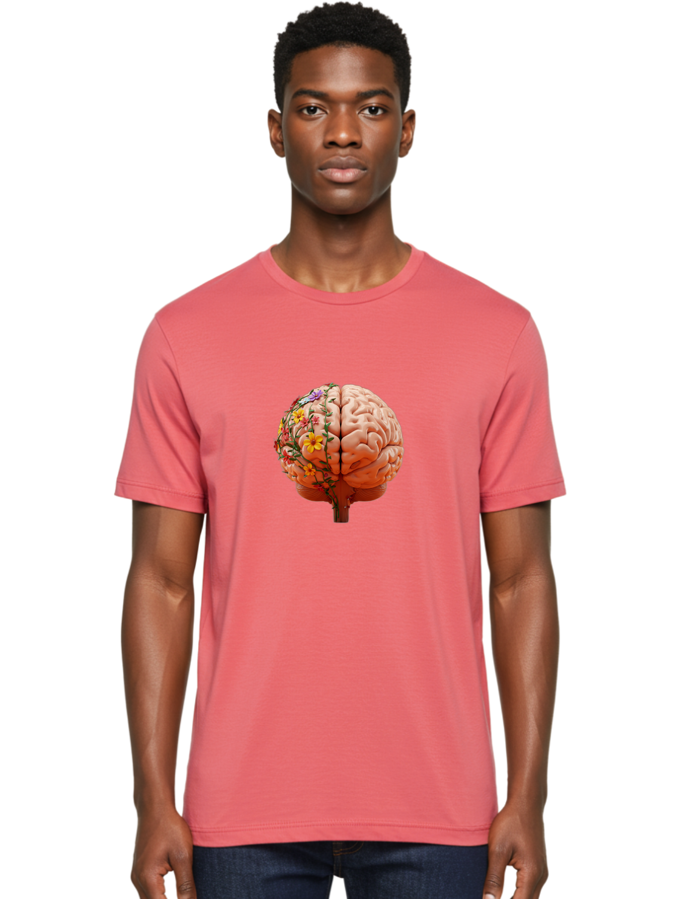 Human-Brain-With-Flowers Men'S Graphic Tee, 100% Cotton, Comfortable Casual Summer Wear, Machine Washable, Human Brain, Floral Growth, Creative Thinking, Brain Development, Mental Wellness, Colorful Blooms, Cognitive Function, Bae047