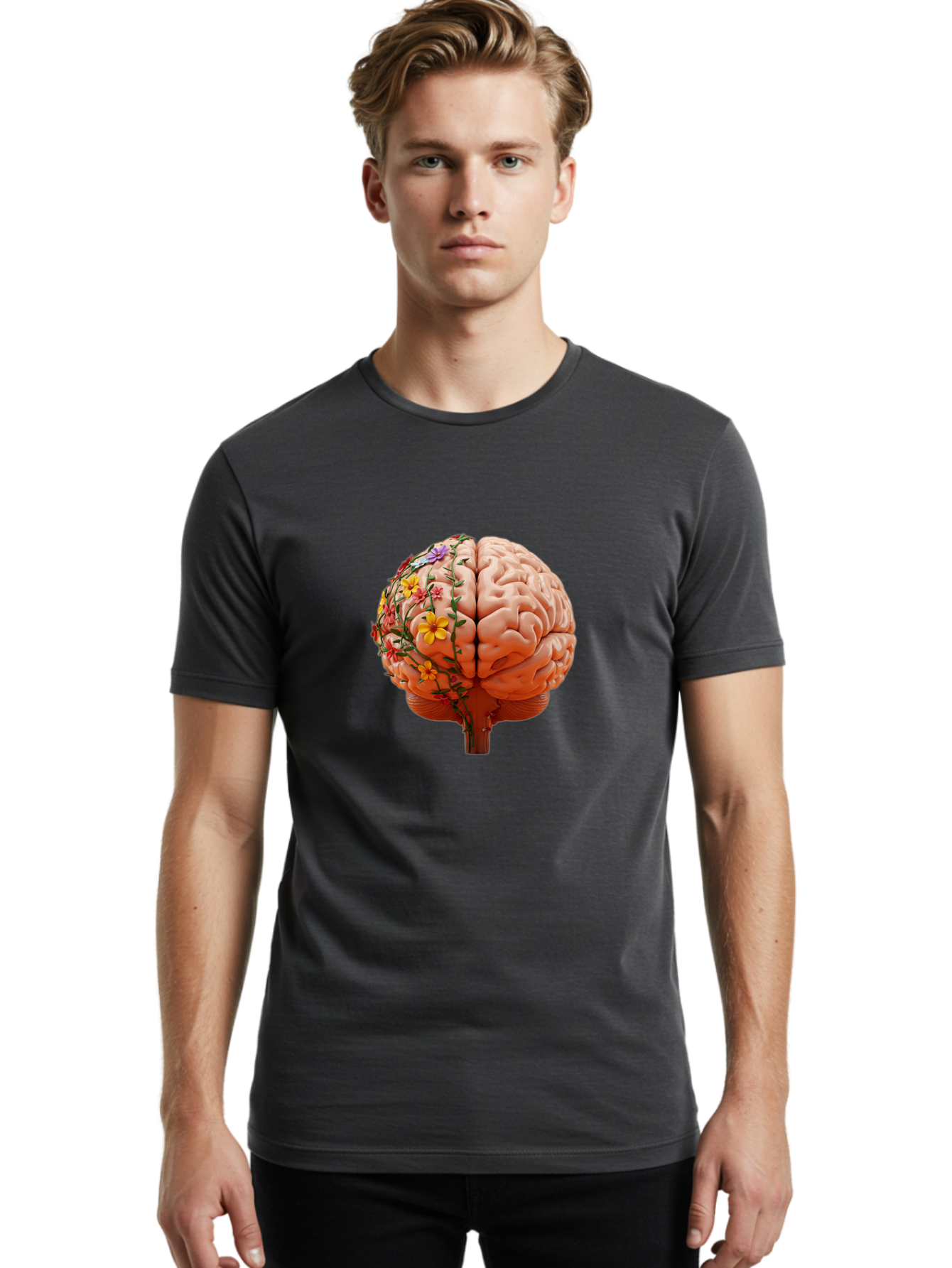 Human-Brain-With-Flowers Men'S Graphic Tee, 100% Cotton, Comfortable Casual Summer Wear, Machine Washable, Human Brain, Floral Growth, Creative Thinking, Brain Development, Mental Wellness, Colorful Blooms, Cognitive Function, Bae047