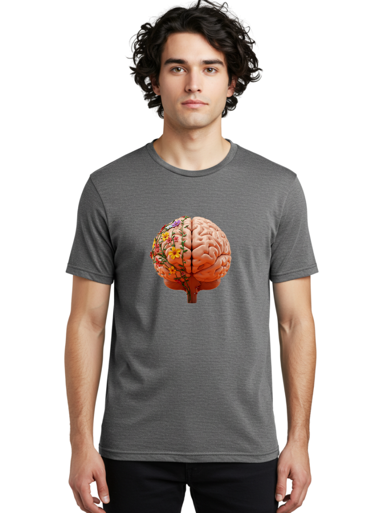 Human-Brain-With-Flowers Men'S Graphic Tee, 100% Cotton, Comfortable Casual Summer Wear, Machine Washable, Human Brain, Floral Growth, Creative Thinking, Brain Development, Mental Wellness, Colorful Blooms, Cognitive Function, Bae047