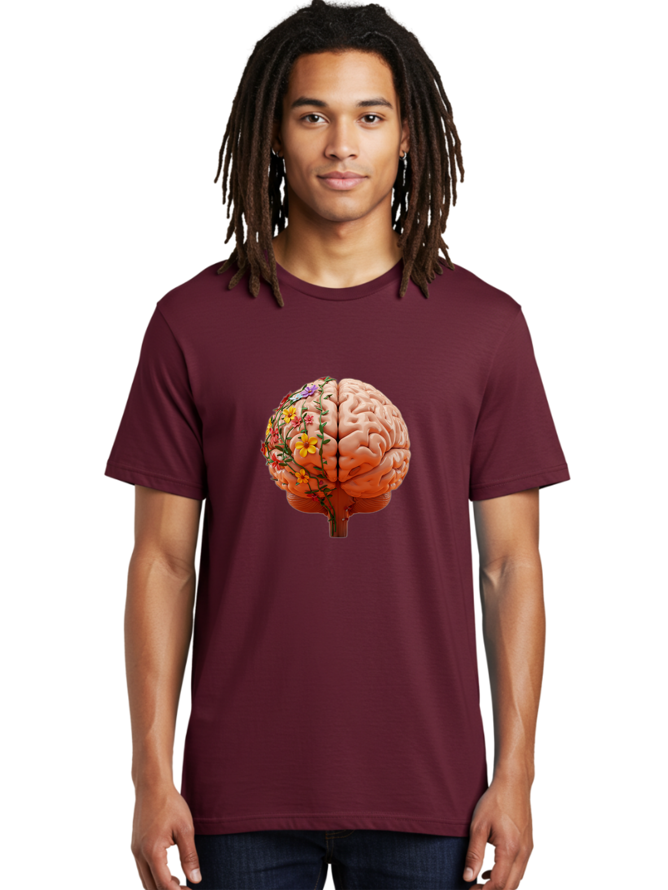 Human-Brain-With-Flowers Men'S Graphic Tee, 100% Cotton, Comfortable Casual Summer Wear, Machine Washable, Human Brain, Floral Growth, Creative Thinking, Brain Development, Mental Wellness, Colorful Blooms, Cognitive Function, Bae047