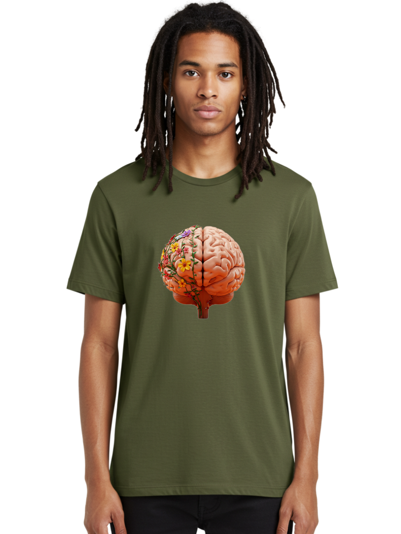 Human-Brain-With-Flowers Men'S Graphic Tee, 100% Cotton, Comfortable Casual Summer Wear, Machine Washable, Human Brain, Floral Growth, Creative Thinking, Brain Development, Mental Wellness, Colorful Blooms, Cognitive Function, Bae047
