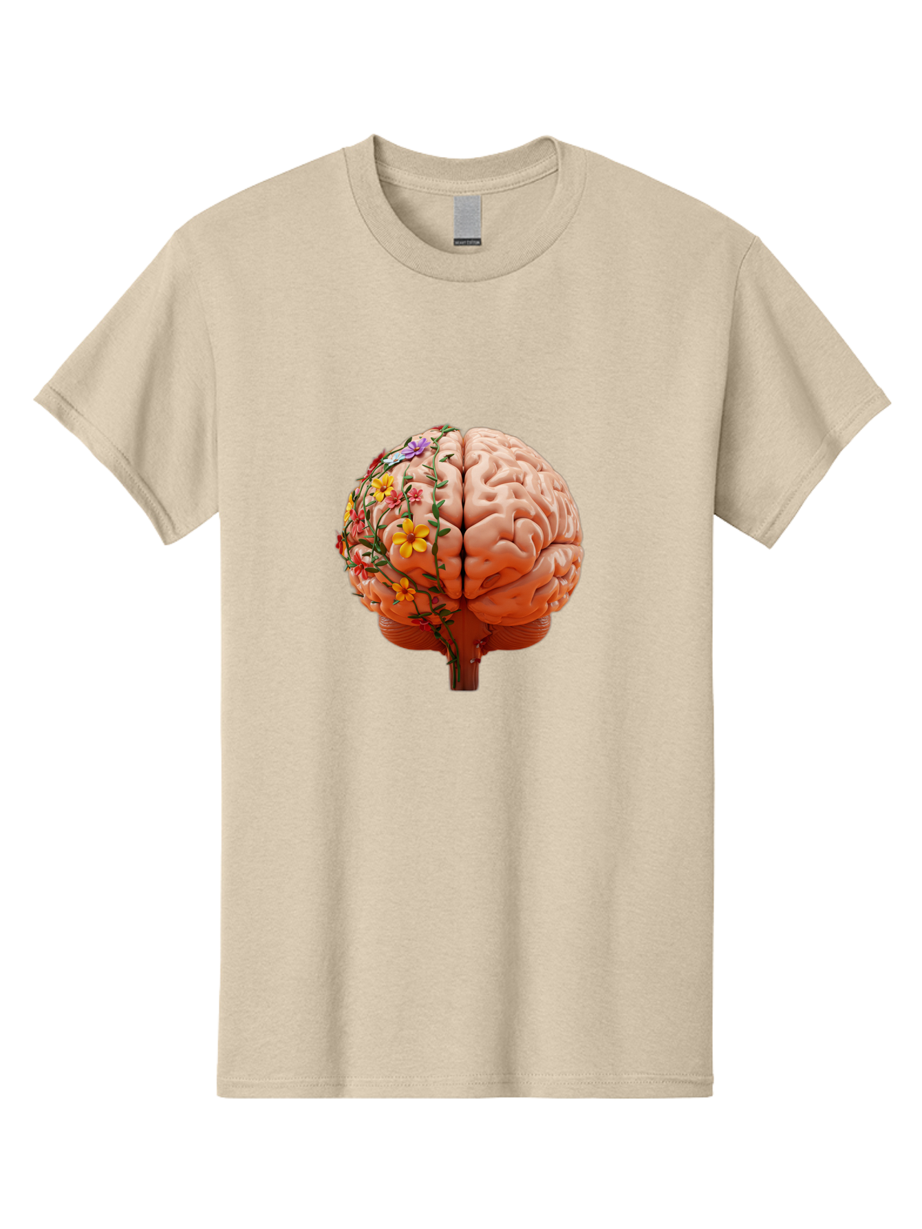 Human-Brain-With-Flowers Men'S Graphic Tee, 100% Cotton, Comfortable Casual Summer Wear, Machine Washable, Human Brain, Floral Growth, Creative Thinking, Brain Development, Mental Wellness, Colorful Blooms, Cognitive Function, Bae047