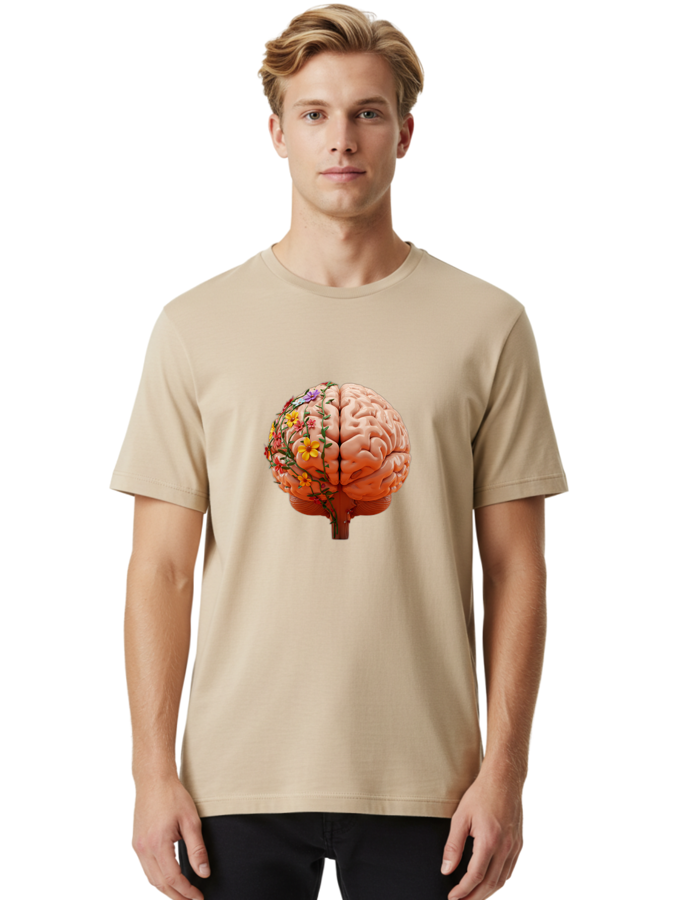 Human-Brain-With-Flowers Men'S Graphic Tee, 100% Cotton, Comfortable Casual Summer Wear, Machine Washable, Human Brain, Floral Growth, Creative Thinking, Brain Development, Mental Wellness, Colorful Blooms, Cognitive Function, Bae047