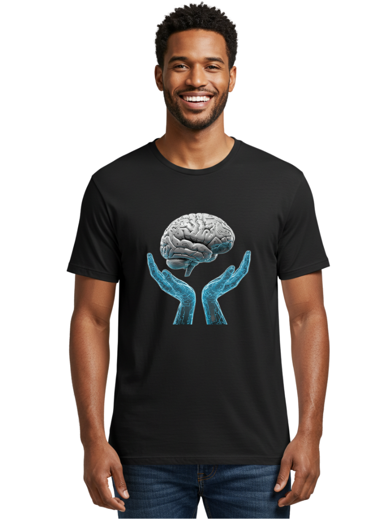 Human-Brain Men'S Graphic Tee, 100% Cotton, Comfortable Casual Summer Wear, Machine Washable, Robotic Hands, Human Brain, Futuristic Technology, Artificial Intelligence, Neural Networks, Cognitive Abilities, Advanced Robotics, Bae048