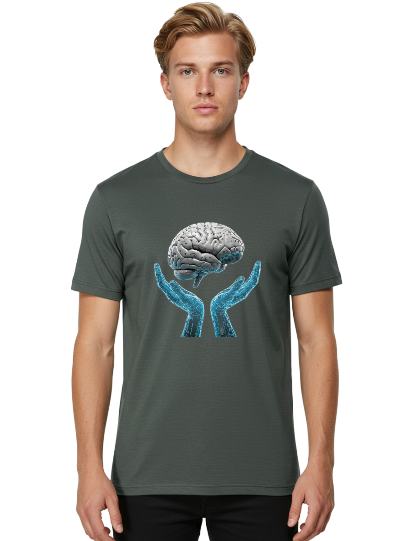Human-Brain Men'S Graphic Tee, 100% Cotton, Comfortable Casual Summer Wear, Machine Washable, Robotic Hands, Human Brain, Futuristic Technology, Artificial Intelligence, Neural Networks, Cognitive Abilities, Advanced Robotics, Bae048