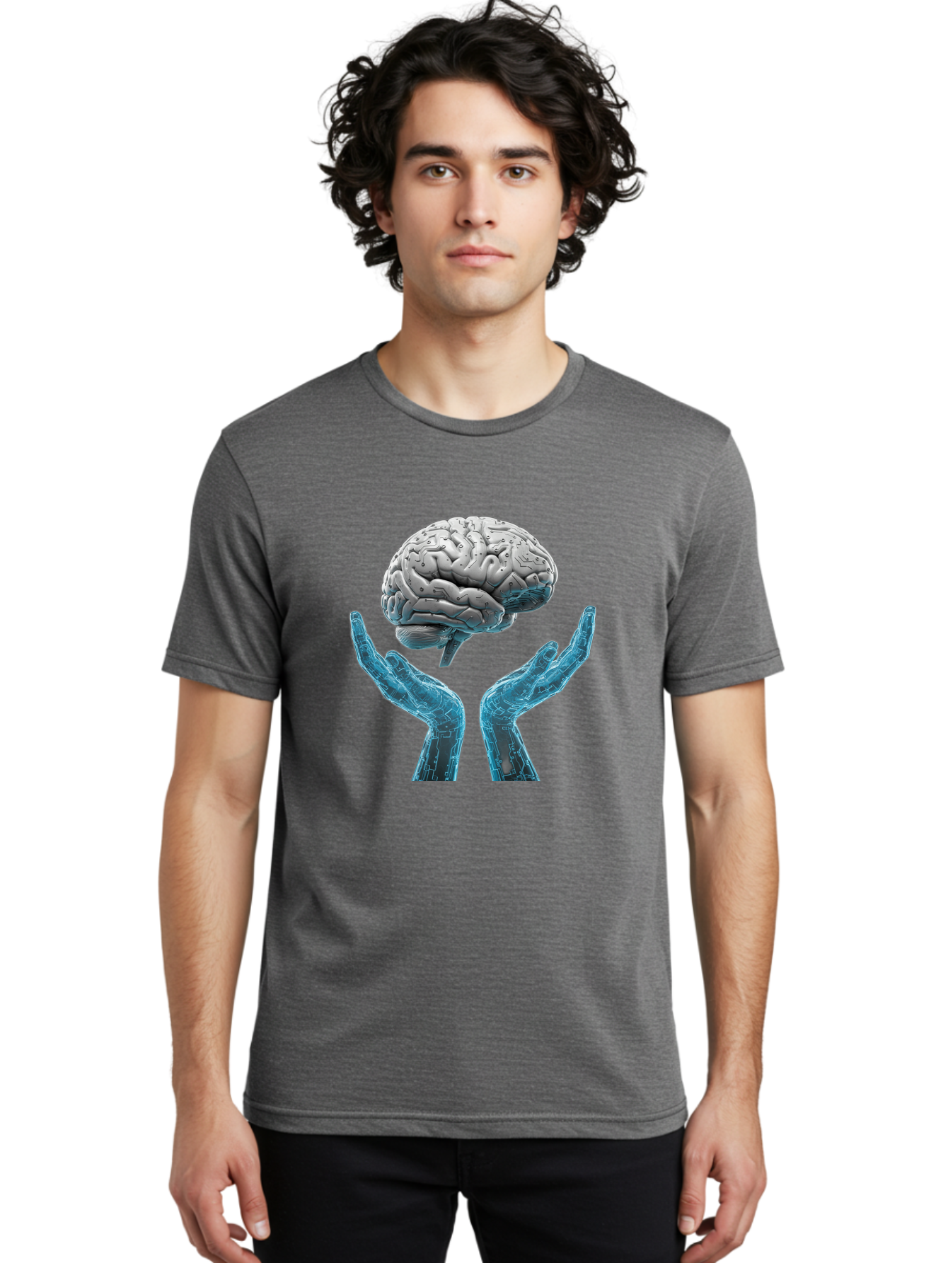 Human-Brain Men'S Graphic Tee, 100% Cotton, Comfortable Casual Summer Wear, Machine Washable, Robotic Hands, Human Brain, Futuristic Technology, Artificial Intelligence, Neural Networks, Cognitive Abilities, Advanced Robotics, Bae048