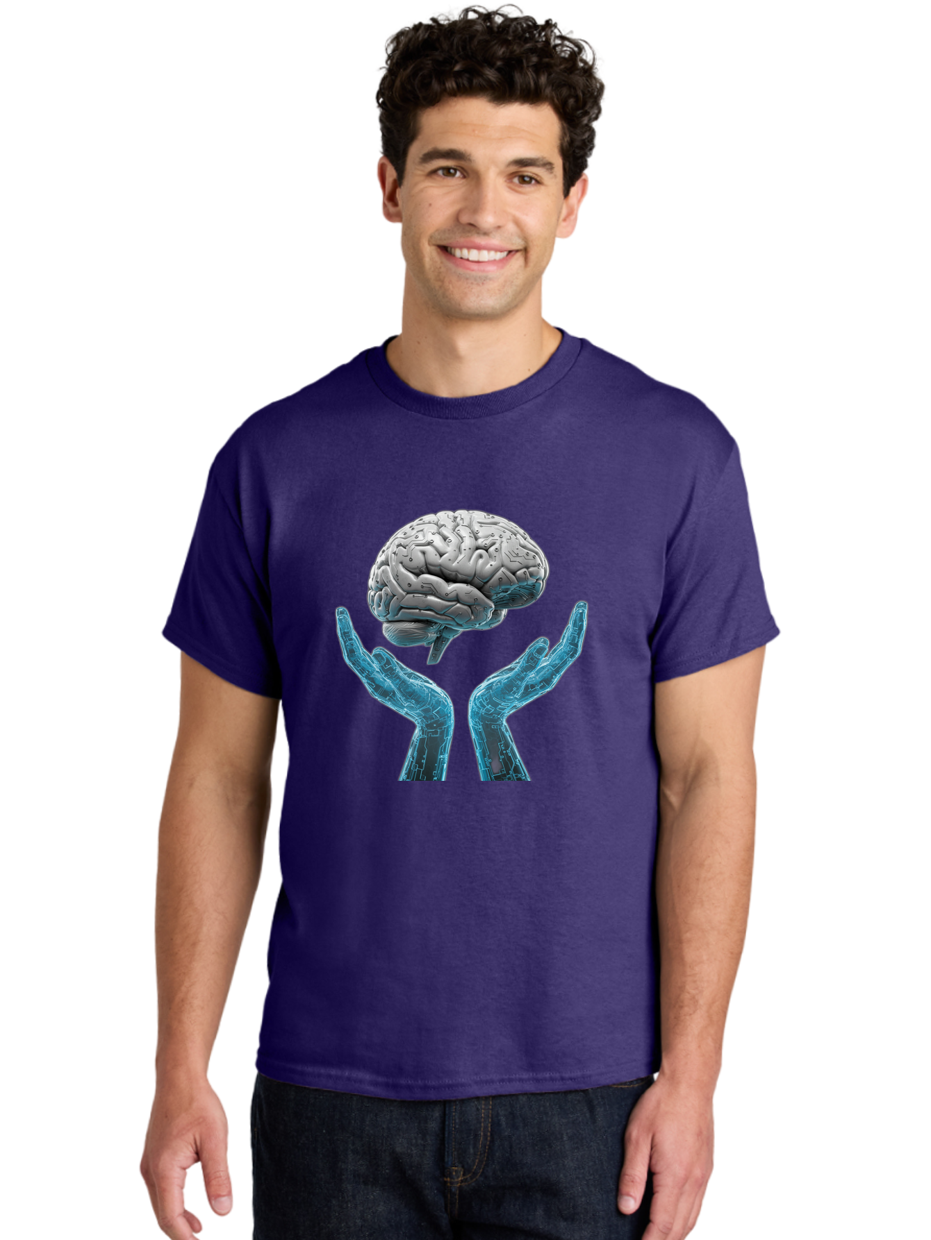 Human-Brain Men'S Graphic Tee, 100% Cotton, Comfortable Casual Summer Wear, Machine Washable, Robotic Hands, Human Brain, Futuristic Technology, Artificial Intelligence, Neural Networks, Cognitive Abilities, Advanced Robotics, Bae048