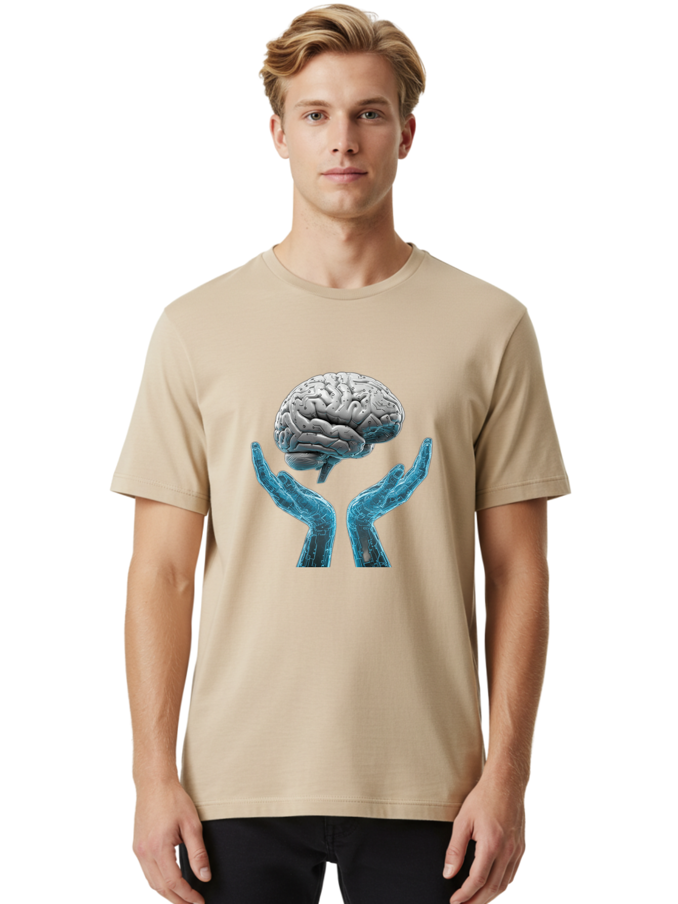 Human-Brain Men'S Graphic Tee, 100% Cotton, Comfortable Casual Summer Wear, Machine Washable, Robotic Hands, Human Brain, Futuristic Technology, Artificial Intelligence, Neural Networks, Cognitive Abilities, Advanced Robotics, Bae048