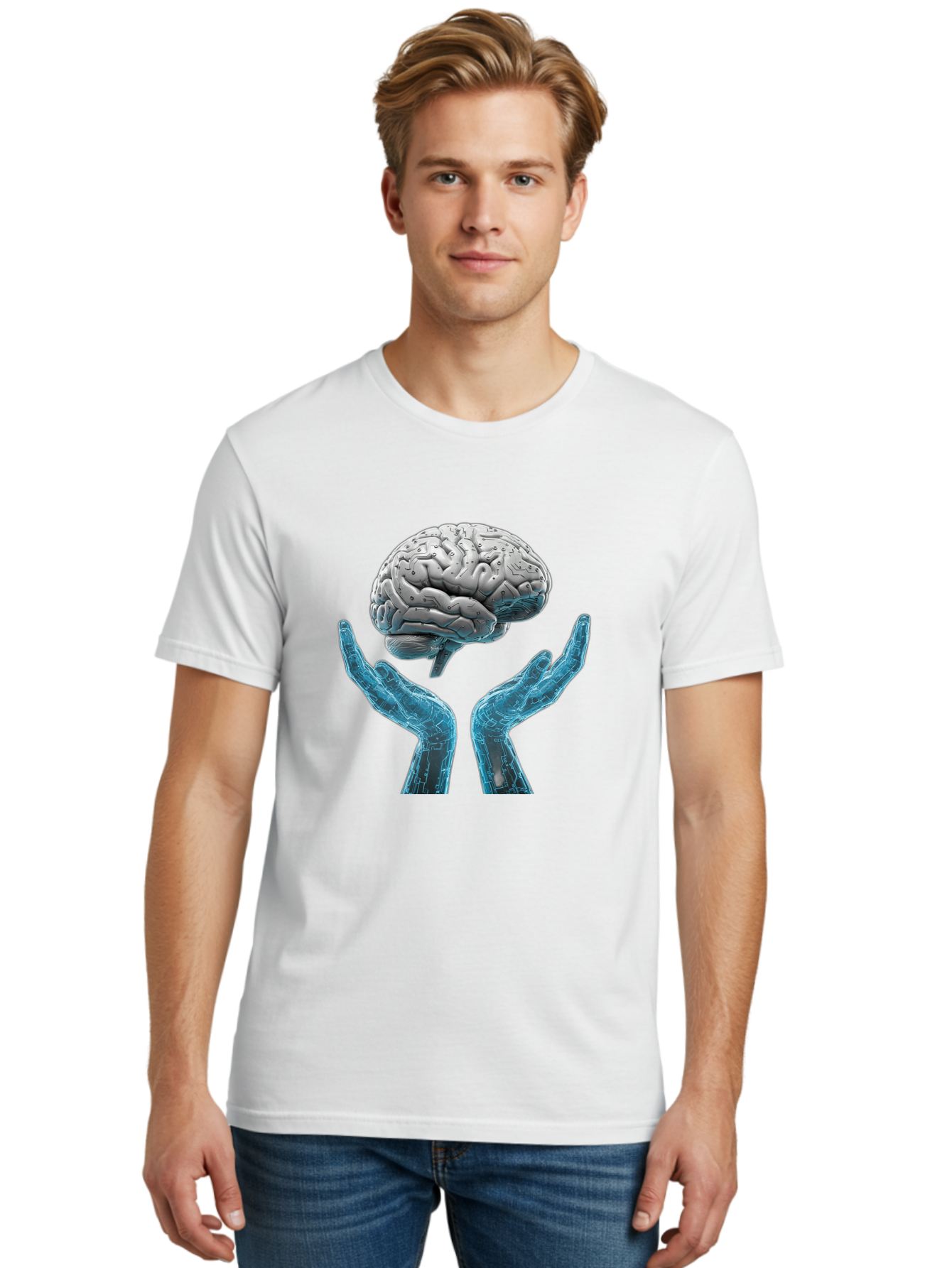 Human-Brain Men'S Graphic Tee, 100% Cotton, Comfortable Casual Summer Wear, Machine Washable, Robotic Hands, Human Brain, Futuristic Technology, Artificial Intelligence, Neural Networks, Cognitive Abilities, Advanced Robotics, Bae048
