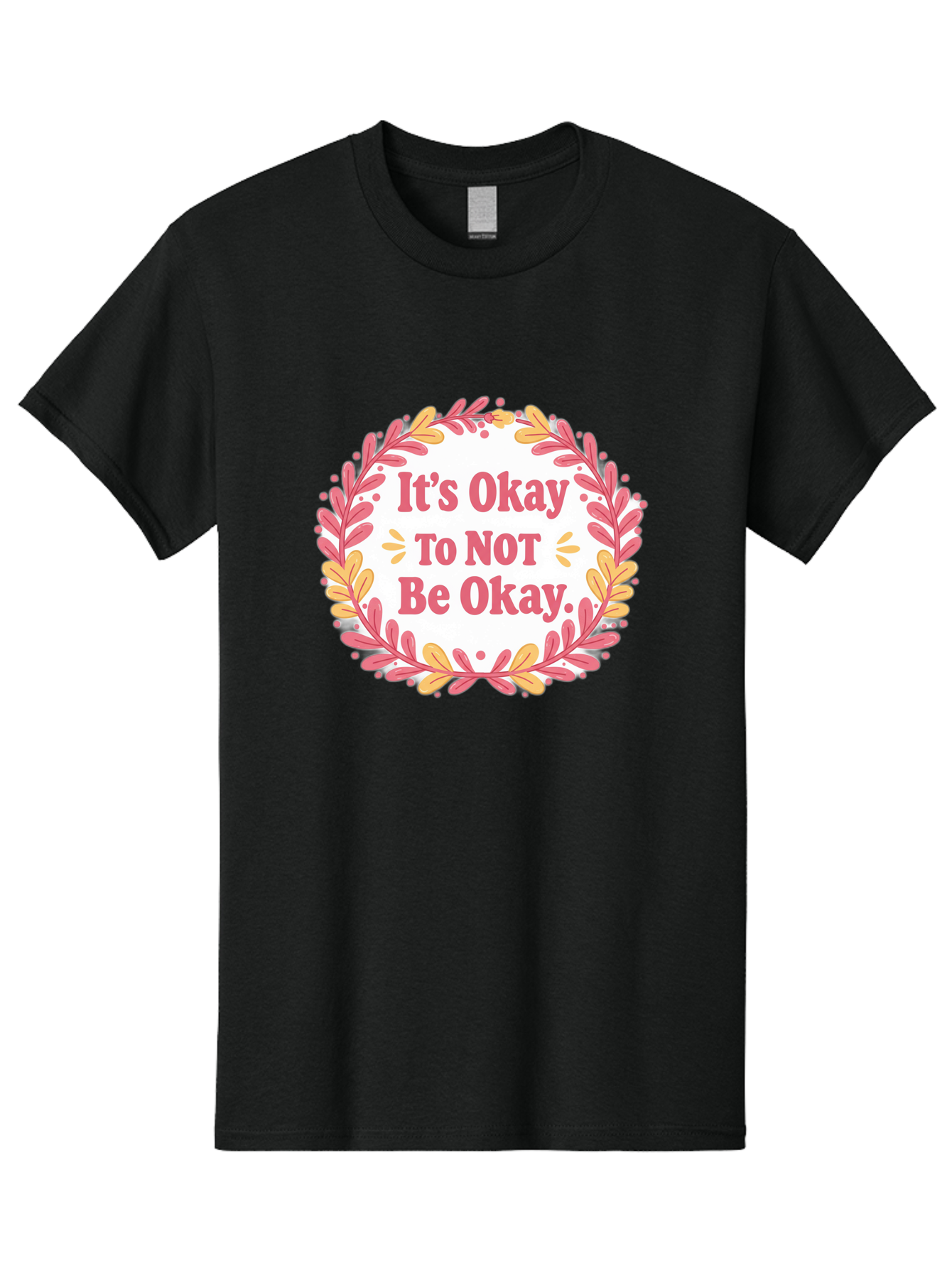It-S-Okay-To-Not-Be-Okay-1 Men'S Graphic Tee, 100% Cotton, Comfortable Casual Summer Wear, Machine Washable, Motivational Quote, Mental Health Awareness, Inspirational Message, Positive Vibes, Self Care, Wellness, Pink Font, Yellow Leaves, Bae050