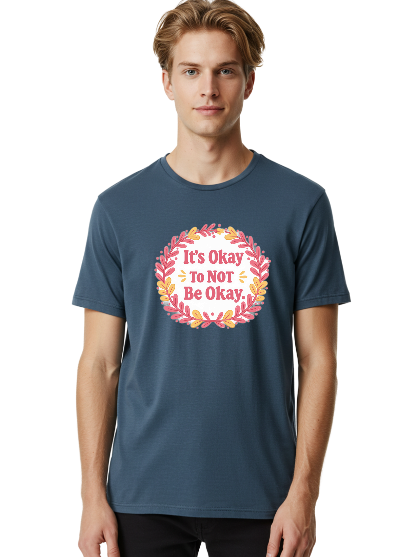 It-S-Okay-To-Not-Be-Okay-1 Men'S Graphic Tee, 100% Cotton, Comfortable Casual Summer Wear, Machine Washable, Motivational Quote, Mental Health Awareness, Inspirational Message, Positive Vibes, Self Care, Wellness, Pink Font, Yellow Leaves, Bae050