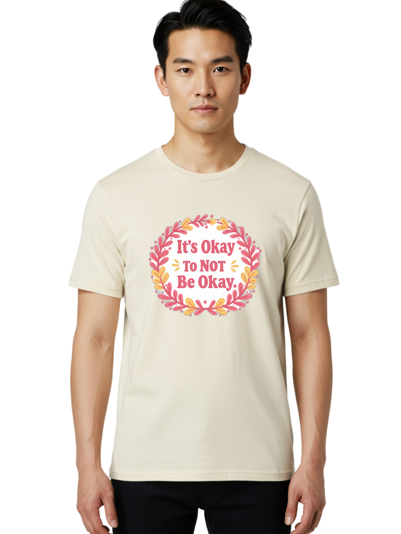 It-S-Okay-To-Not-Be-Okay-1 Men'S Graphic Tee, 100% Cotton, Comfortable Casual Summer Wear, Machine Washable, Motivational Quote, Mental Health Awareness, Inspirational Message, Positive Vibes, Self Care, Wellness, Pink Font, Yellow Leaves, Bae050