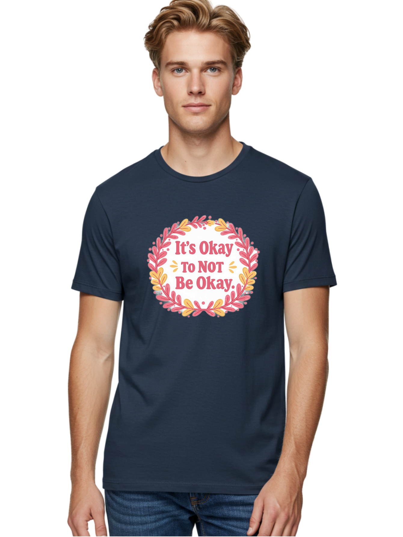 It-S-Okay-To-Not-Be-Okay-1 Men'S Graphic Tee, 100% Cotton, Comfortable Casual Summer Wear, Machine Washable, Motivational Quote, Mental Health Awareness, Inspirational Message, Positive Vibes, Self Care, Wellness, Pink Font, Yellow Leaves, Bae050