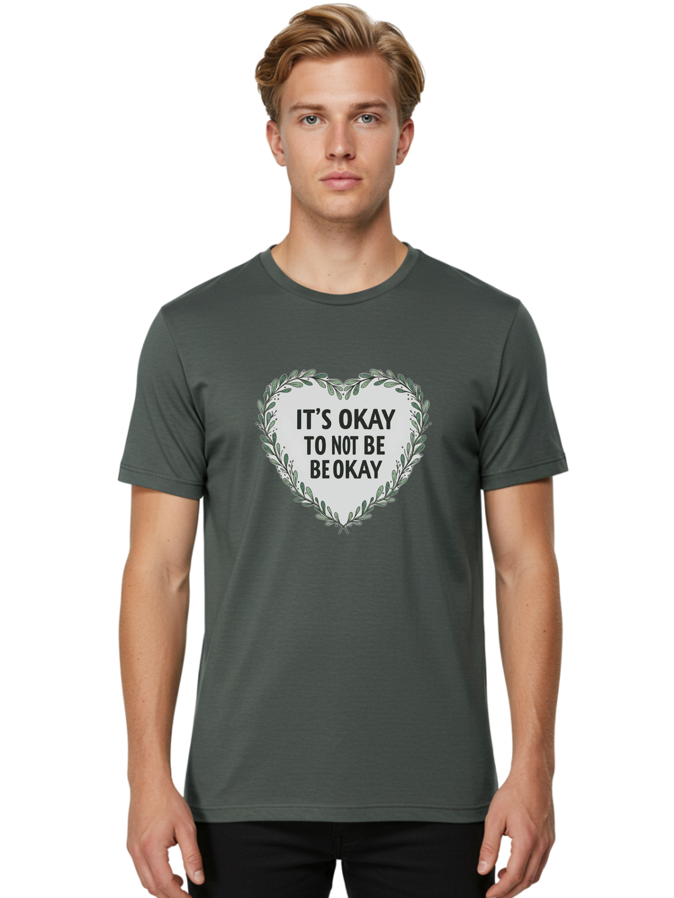 It-S-Okay-To-Not-Be-Okay-2 Men'S Graphic Tee, 100% Cotton, Comfortable Casual Summer Wear, Machine Washable, Mental Health Awareness, Inspirational Quotes, Heart Shape, Floral Wreath, Motivational Messages, Self Care, Emotional Support, Bae051