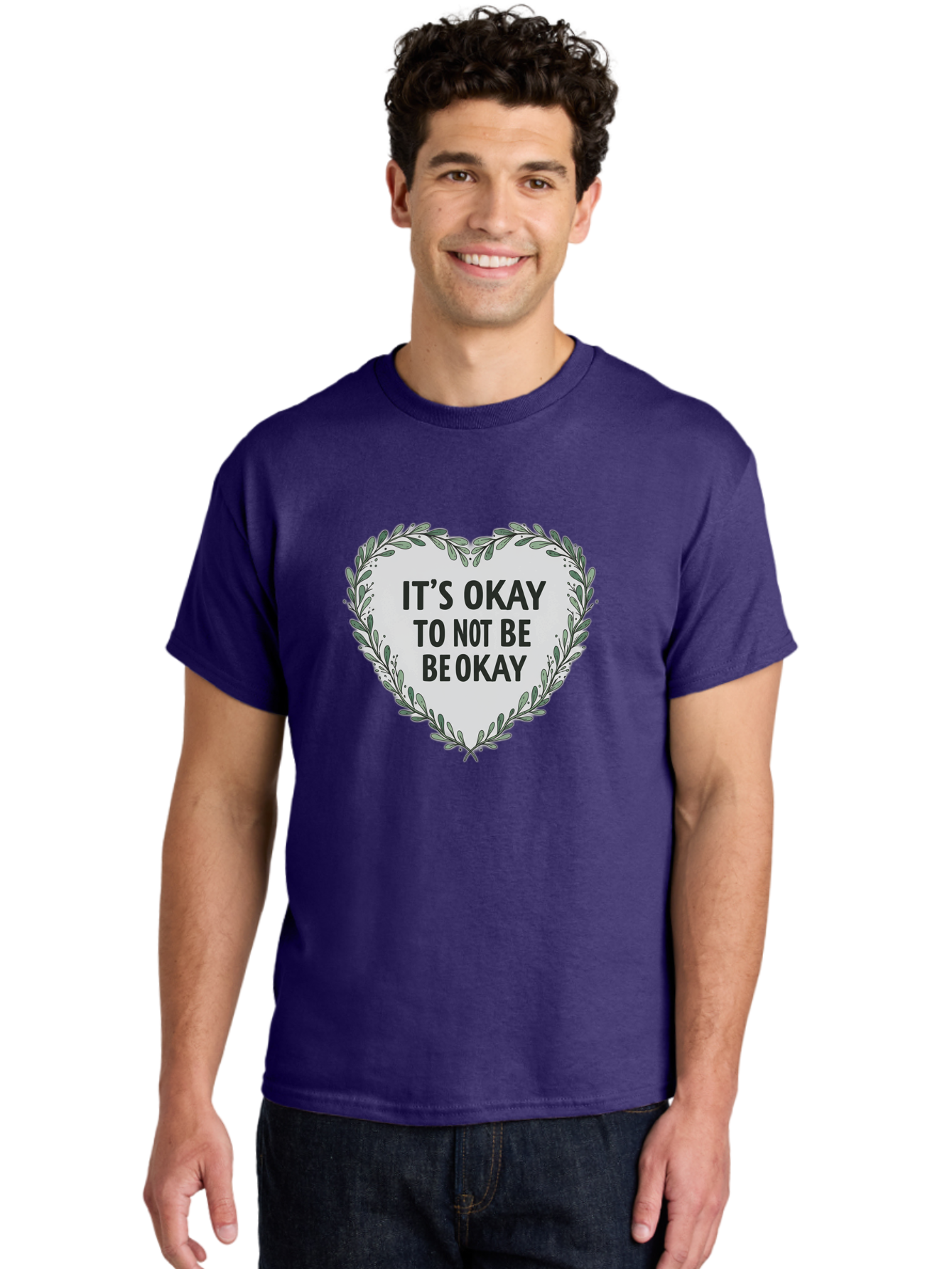 It-S-Okay-To-Not-Be-Okay-2 Men'S Graphic Tee, 100% Cotton, Comfortable Casual Summer Wear, Machine Washable, Mental Health Awareness, Inspirational Quotes, Heart Shape, Floral Wreath, Motivational Messages, Self Care, Emotional Support, Bae051