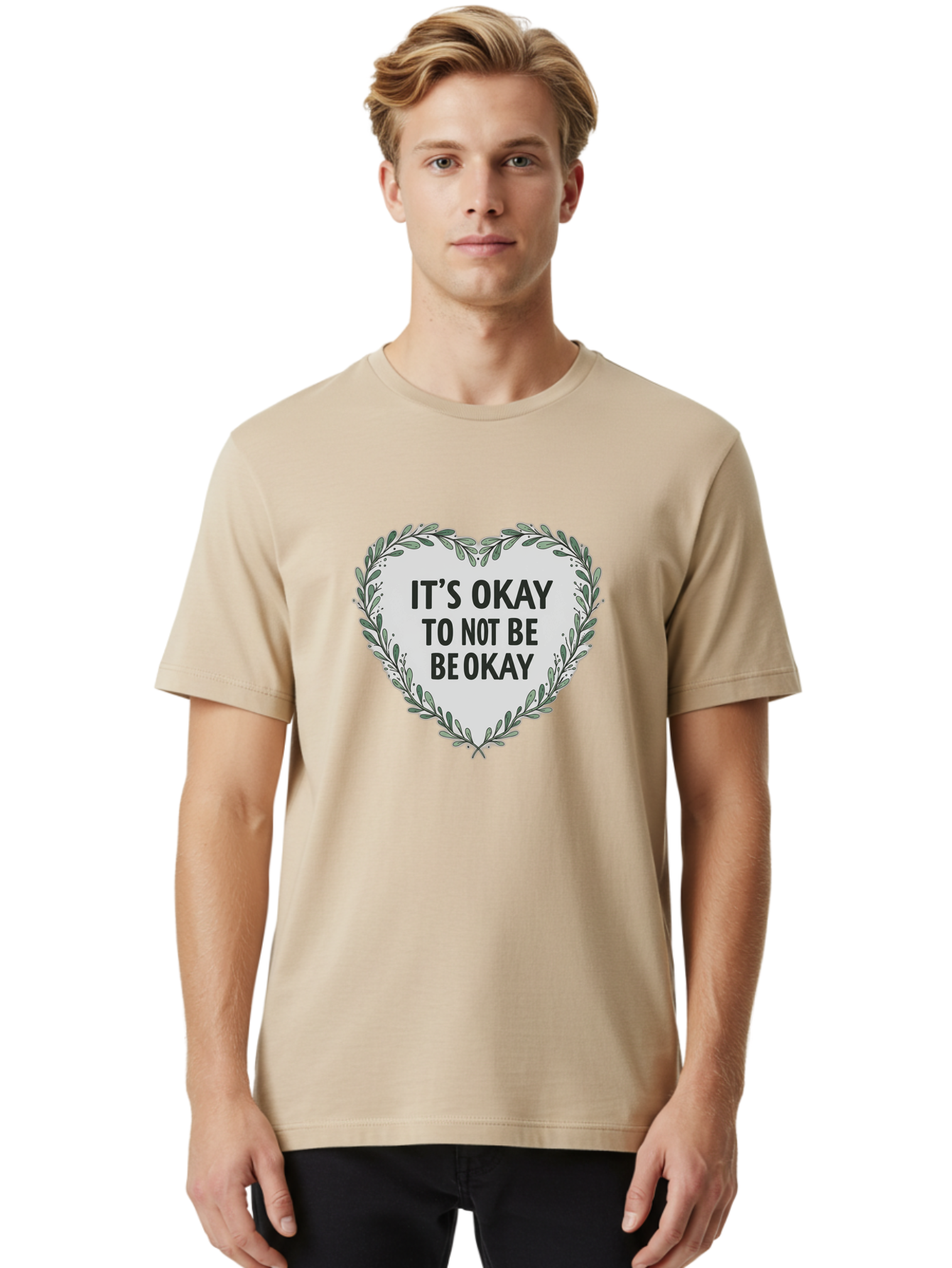 It-S-Okay-To-Not-Be-Okay-2 Men'S Graphic Tee, 100% Cotton, Comfortable Casual Summer Wear, Machine Washable, Mental Health Awareness, Inspirational Quotes, Heart Shape, Floral Wreath, Motivational Messages, Self Care, Emotional Support, Bae051