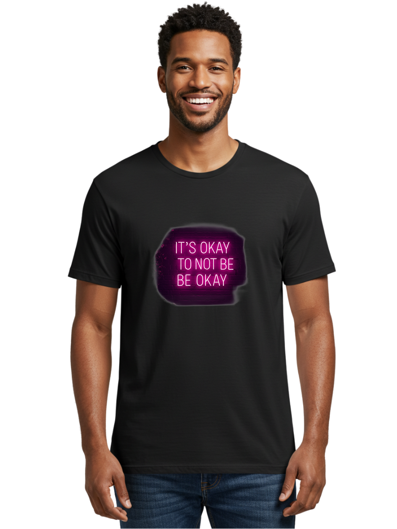 It-S-Okay-To-Not-Be-Okay-3 Men'S Graphic Tee, 100% Cotton, Comfortable Casual Summer Wear, Machine Washable, Mental Health Awareness, Self Care, Emotional Support, Neon Sign, Pink Text, Inspirational Quote, Motivational Message Bae052