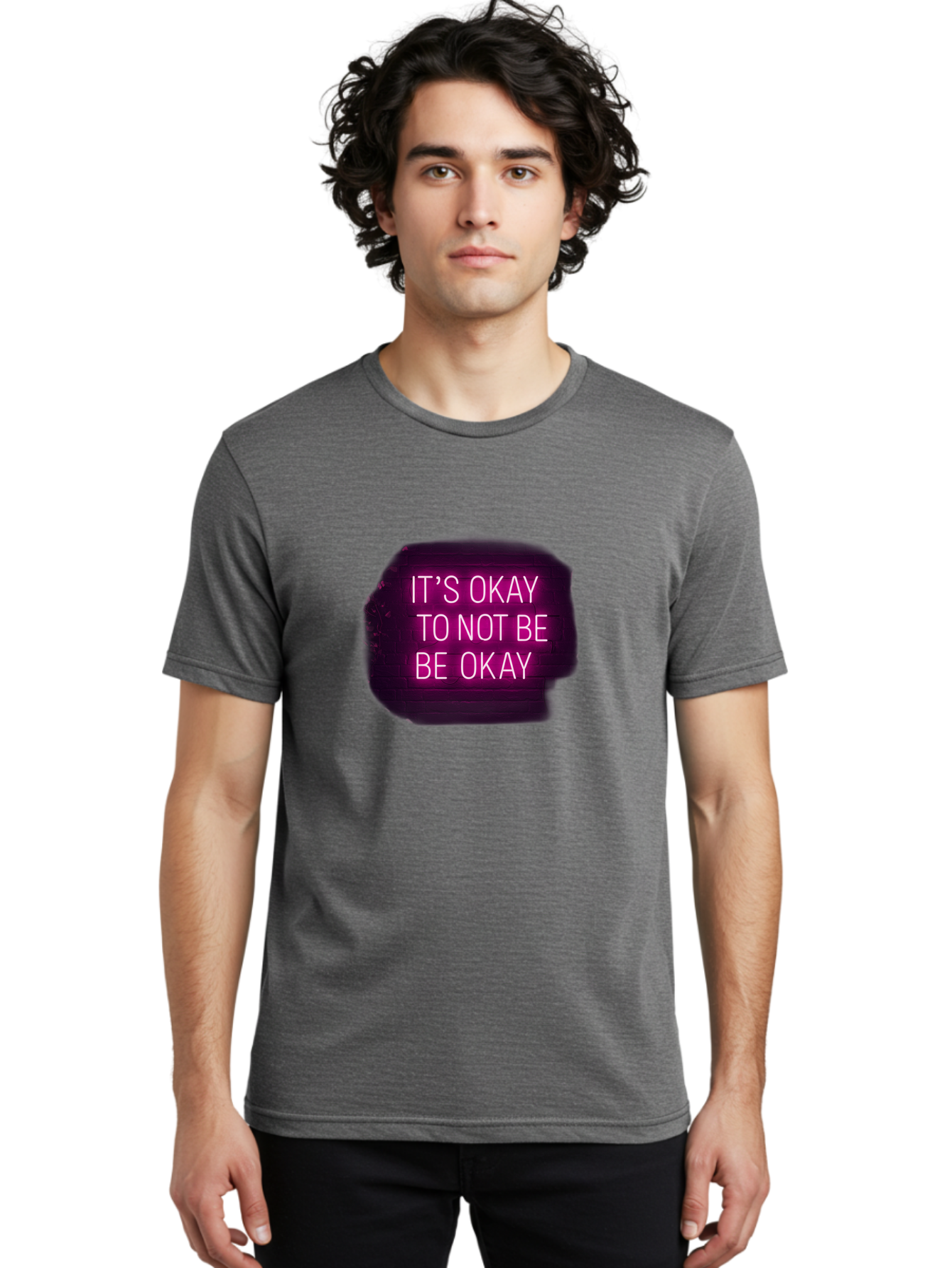 It-S-Okay-To-Not-Be-Okay-3 Men'S Graphic Tee, 100% Cotton, Comfortable Casual Summer Wear, Machine Washable, Mental Health Awareness, Self Care, Emotional Support, Neon Sign, Pink Text, Inspirational Quote, Motivational Message Bae052