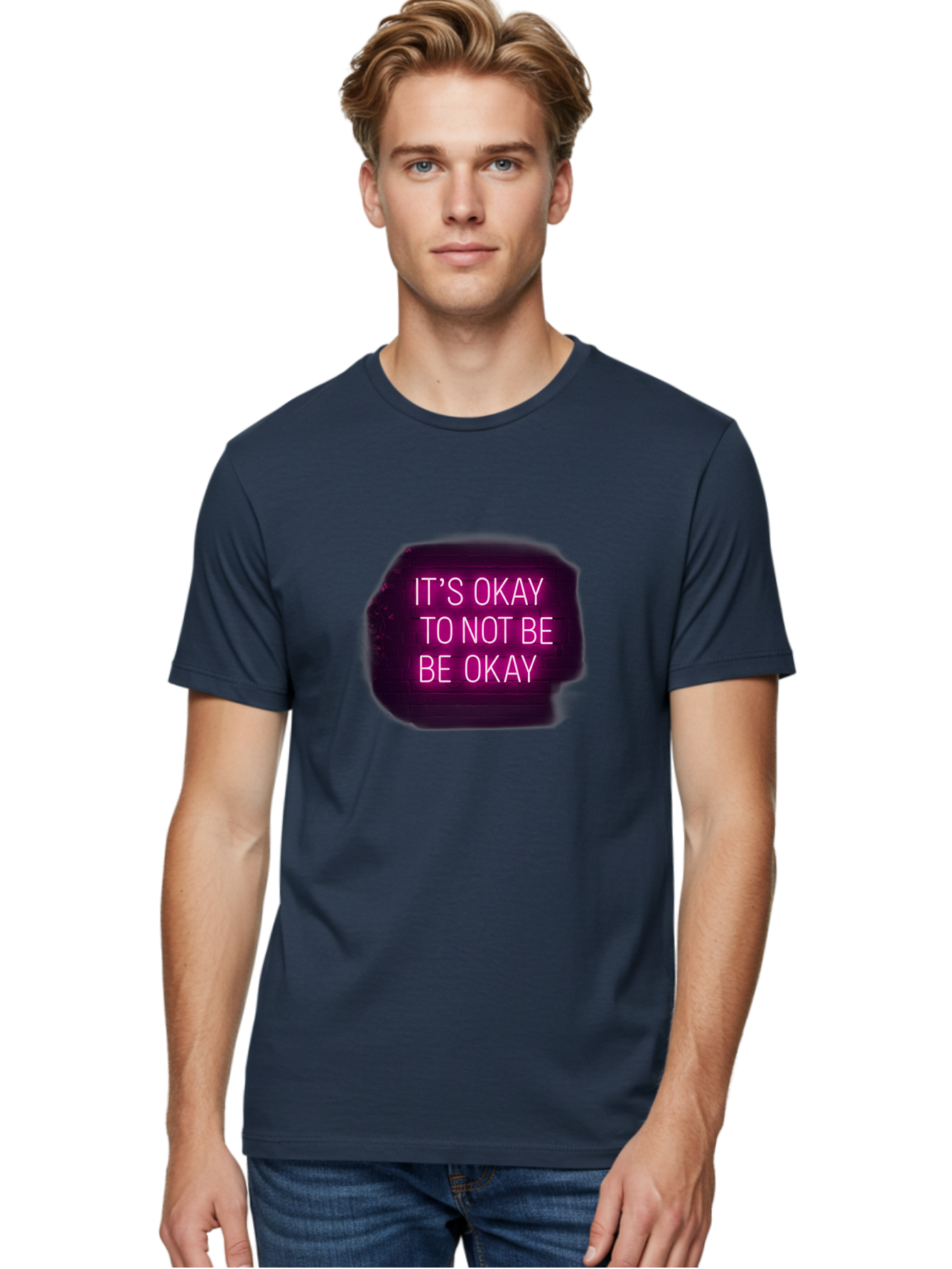 It-S-Okay-To-Not-Be-Okay-3 Men'S Graphic Tee, 100% Cotton, Comfortable Casual Summer Wear, Machine Washable, Mental Health Awareness, Self Care, Emotional Support, Neon Sign, Pink Text, Inspirational Quote, Motivational Message Bae052